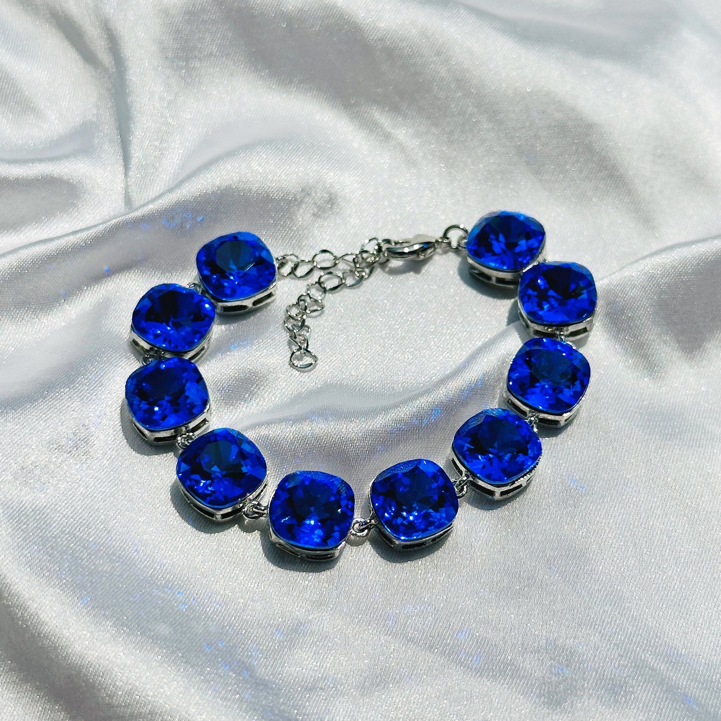 Blue Sapphire Swarovski Crystals Silver Plated Chain Bracelet