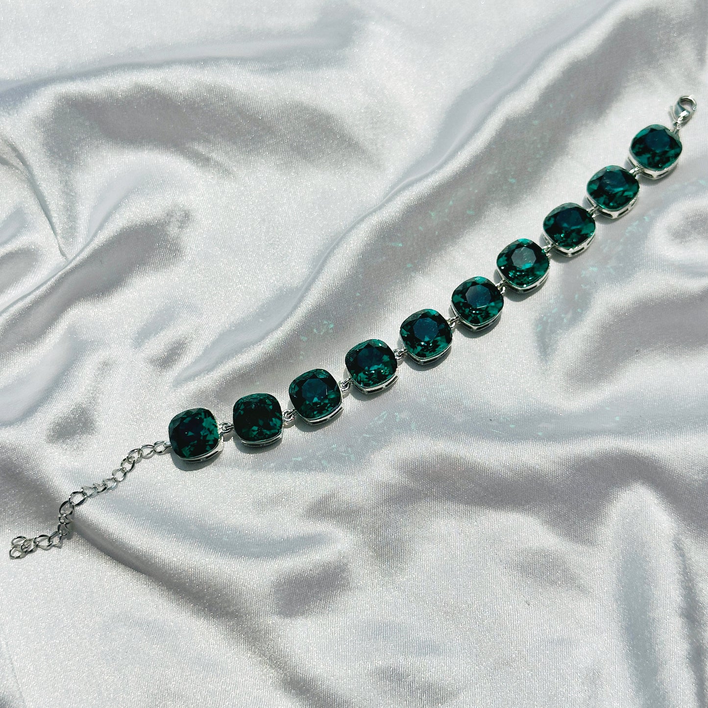 Green Emerald Swarovski Crystals Silver Plated Chain Bracelet