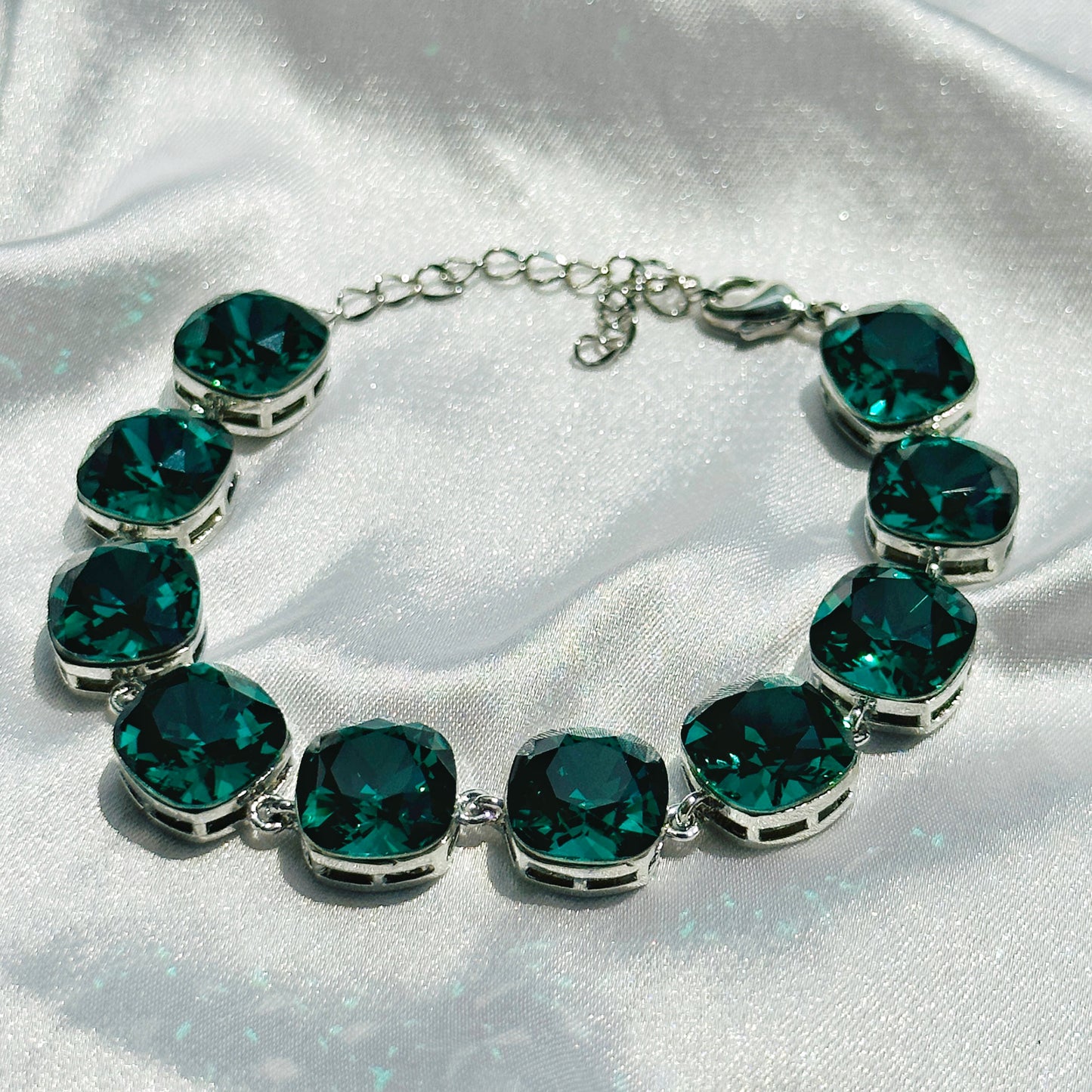 Green Emerald Swarovski Crystals Silver Plated Chain Bracelet