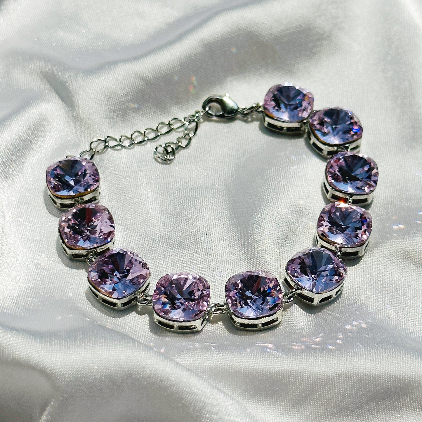 Light Amethyst Swarovski Crystals Silver Plated Chain Bracelet