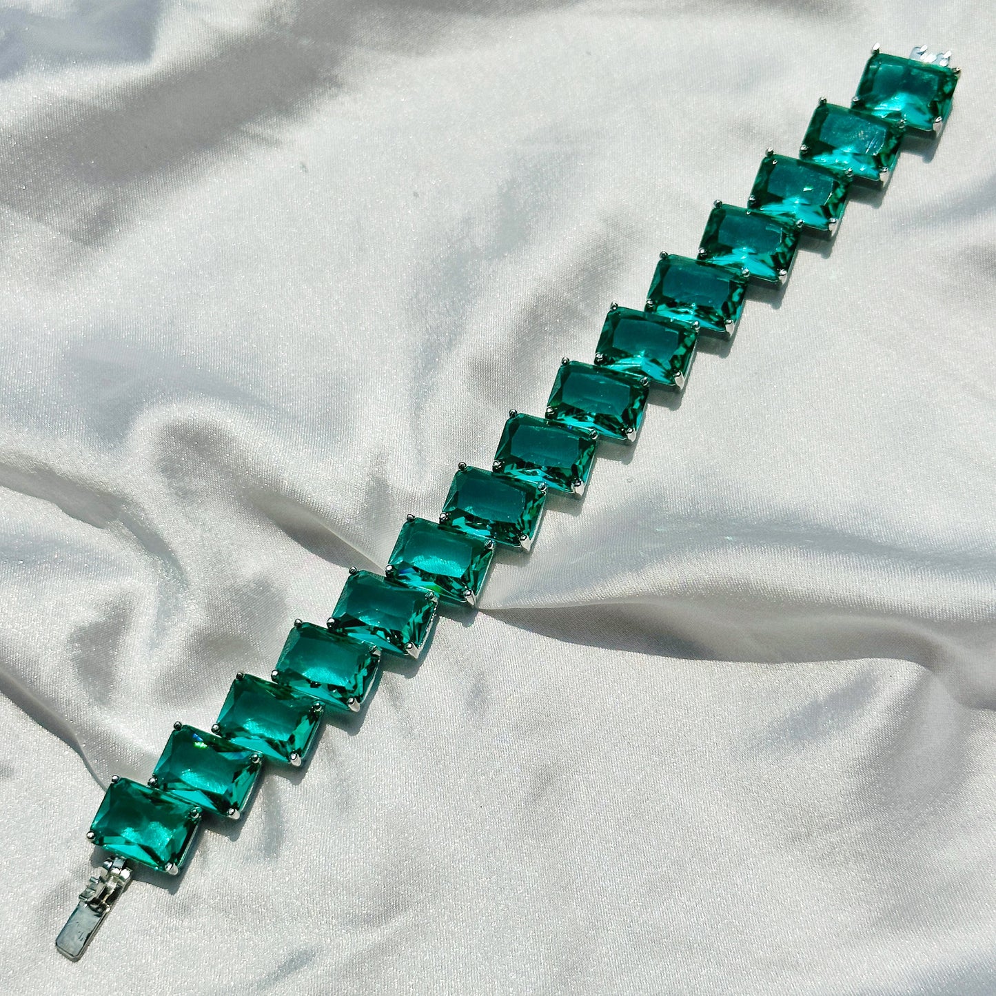 Sea Green Topaz Cubic Zircon Silver Plated Chain Bracelet