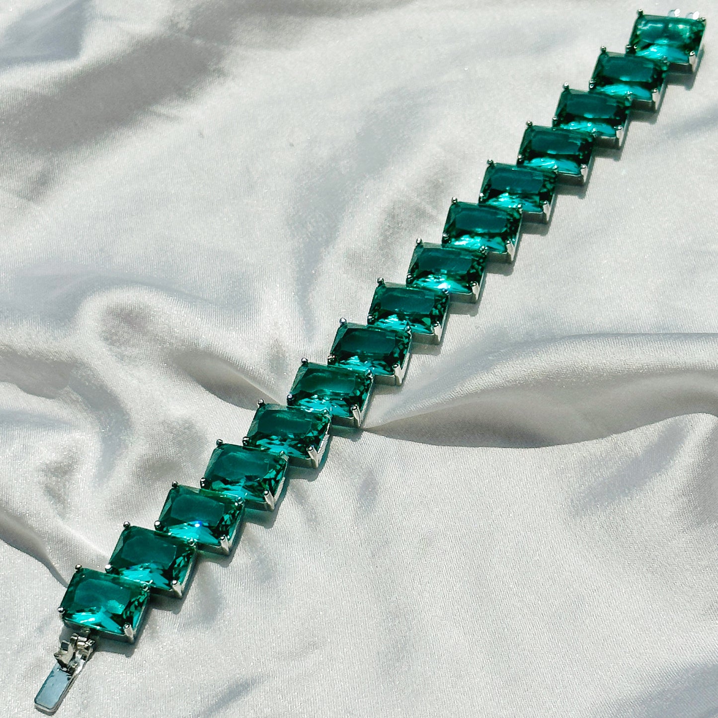 Sea Green Topaz Cubic Zircon Silver Plated Chain Bracelet