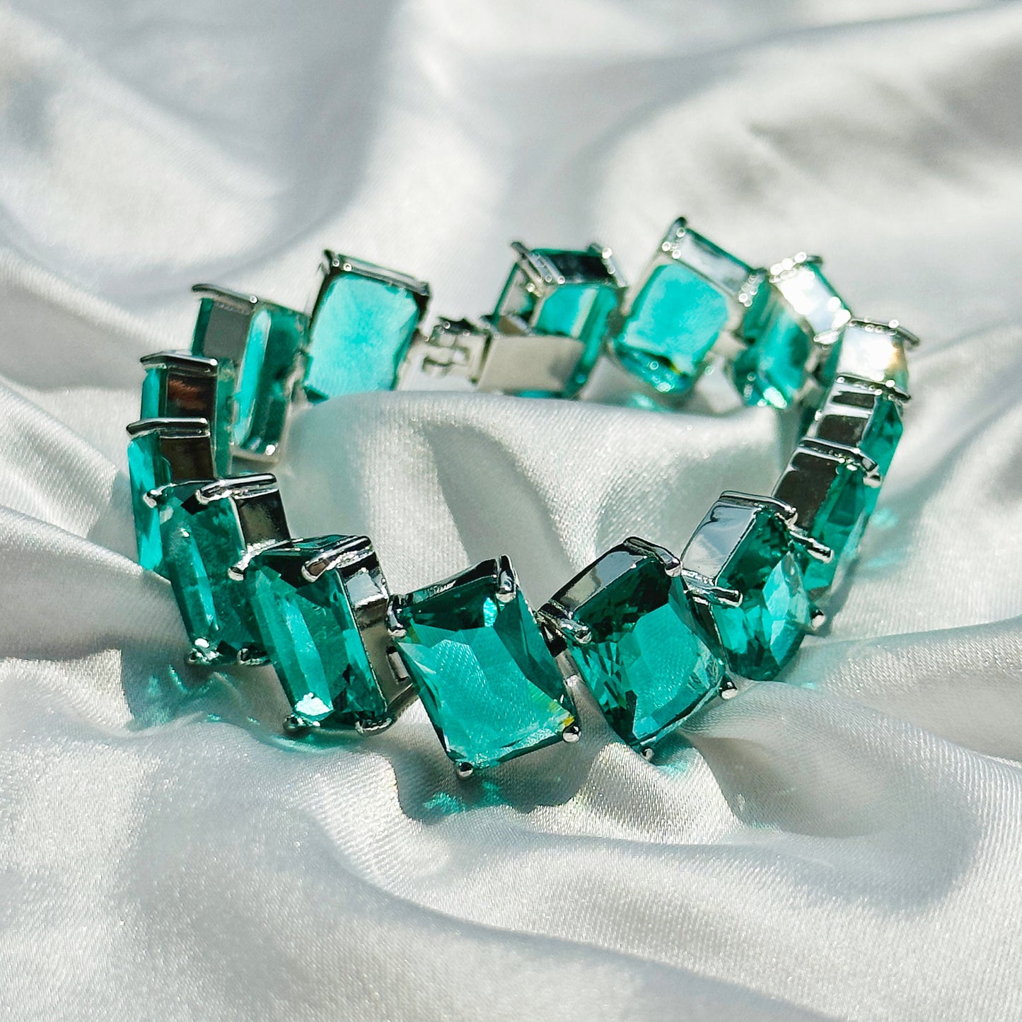 Sea Green Topaz Cubic Zircon Silver Plated Chain Bracelet