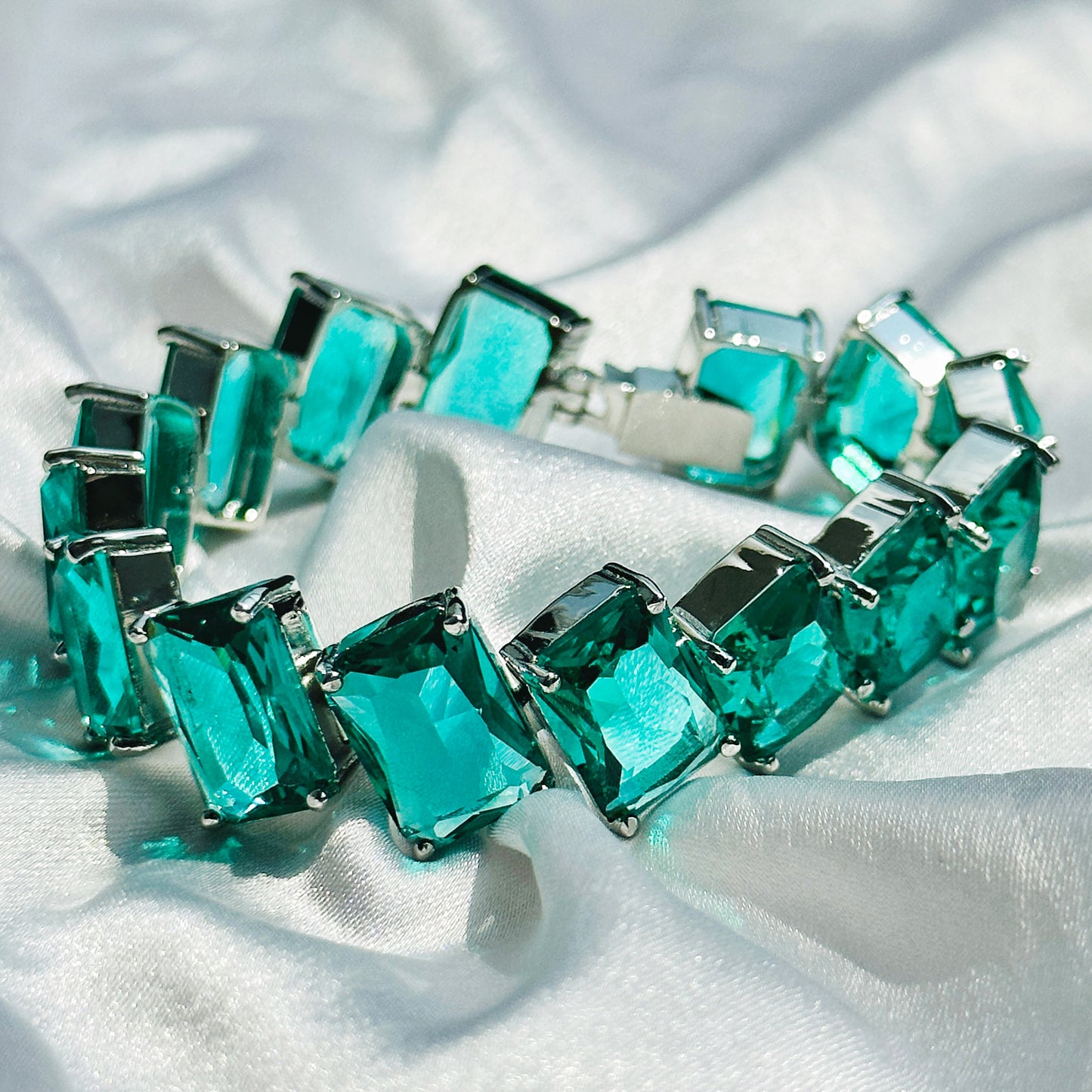 Sea Green Topaz Cubic Zircon Silver Plated Chain Bracelet