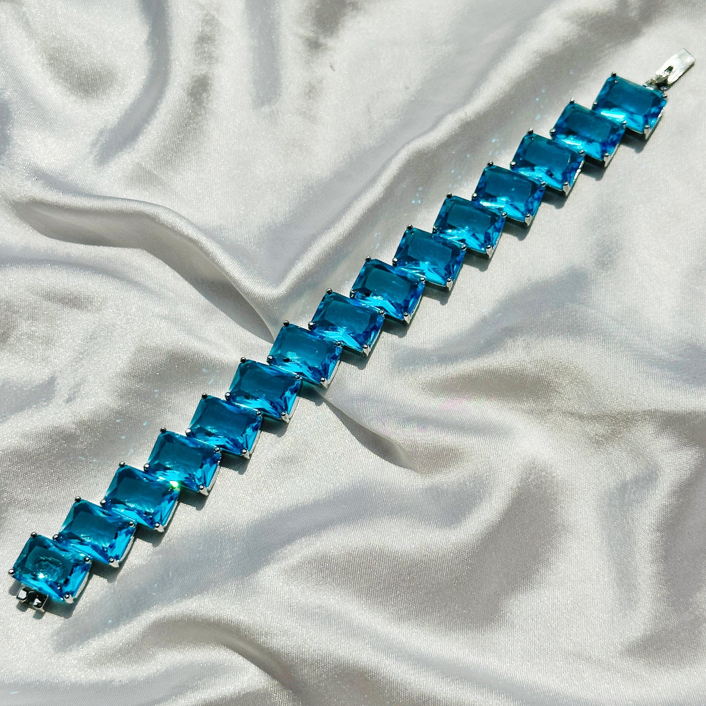 Aqua Blue Sapphire Cubic Zircon Silver Plated Chain Bracelet