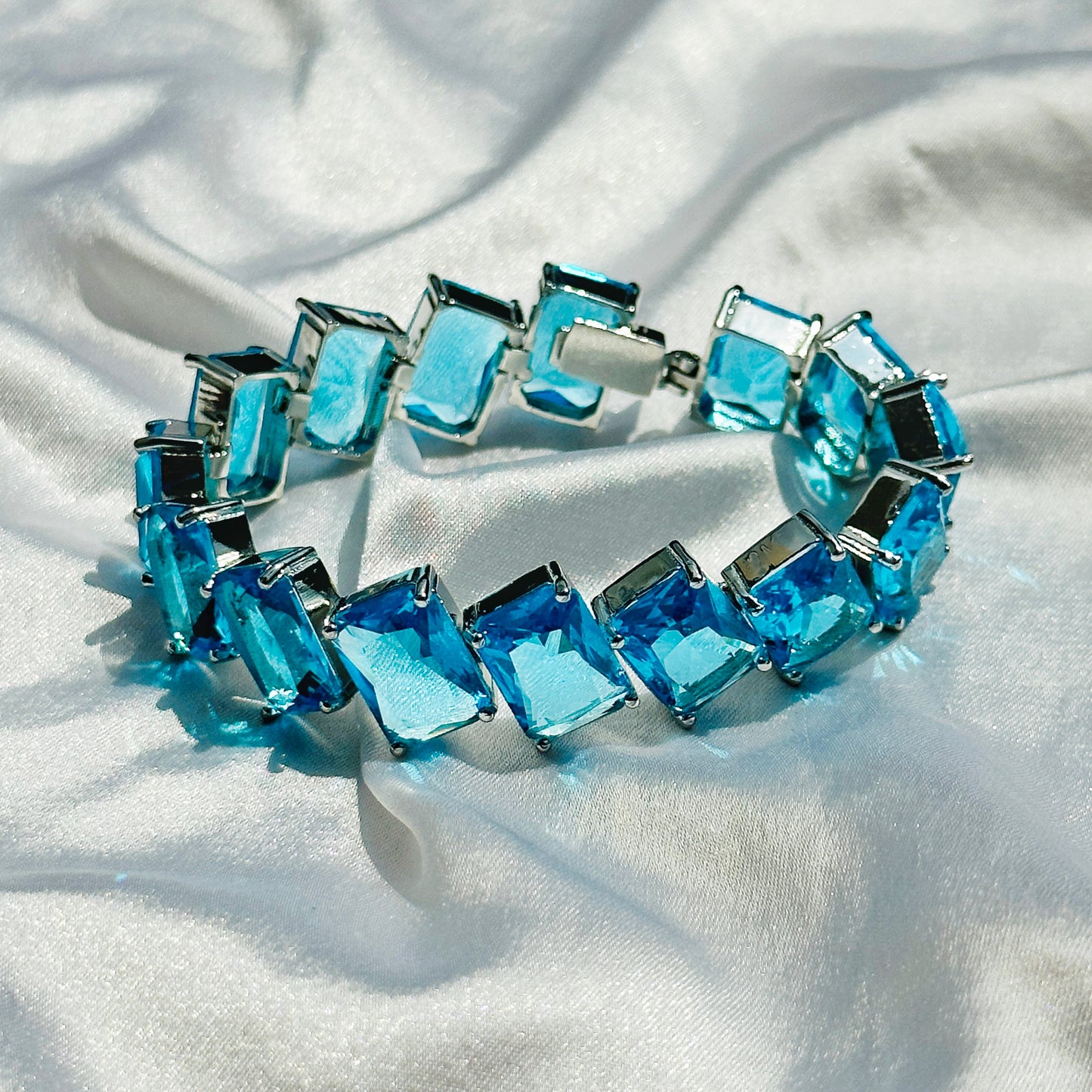Aqua Blue Sapphire Cubic Zirconia American Diamond Silver Plated Chain Bracelet