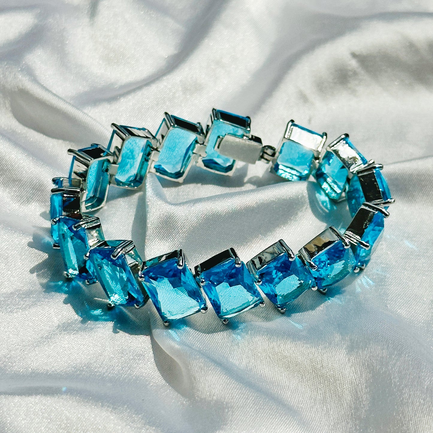 Aqua Blue Sapphire Cubic Zircon Silver Plated Chain Bracelet