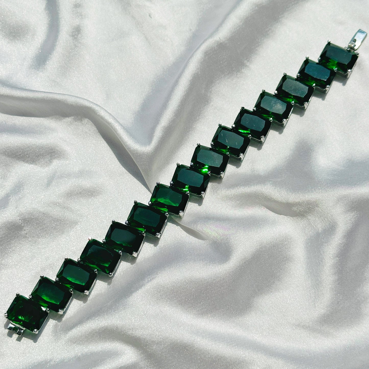 Green Emerald Cubic Zircon Silver Plated Chain Bracelet