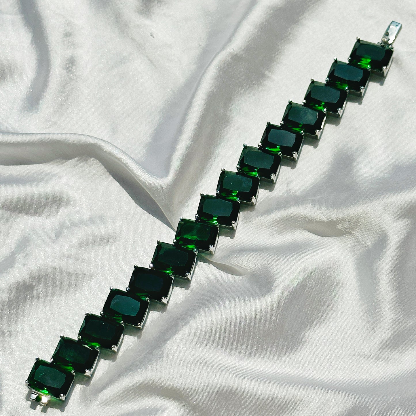Green Emerald Cubic Zircon Silver Plated Chain Bracelet