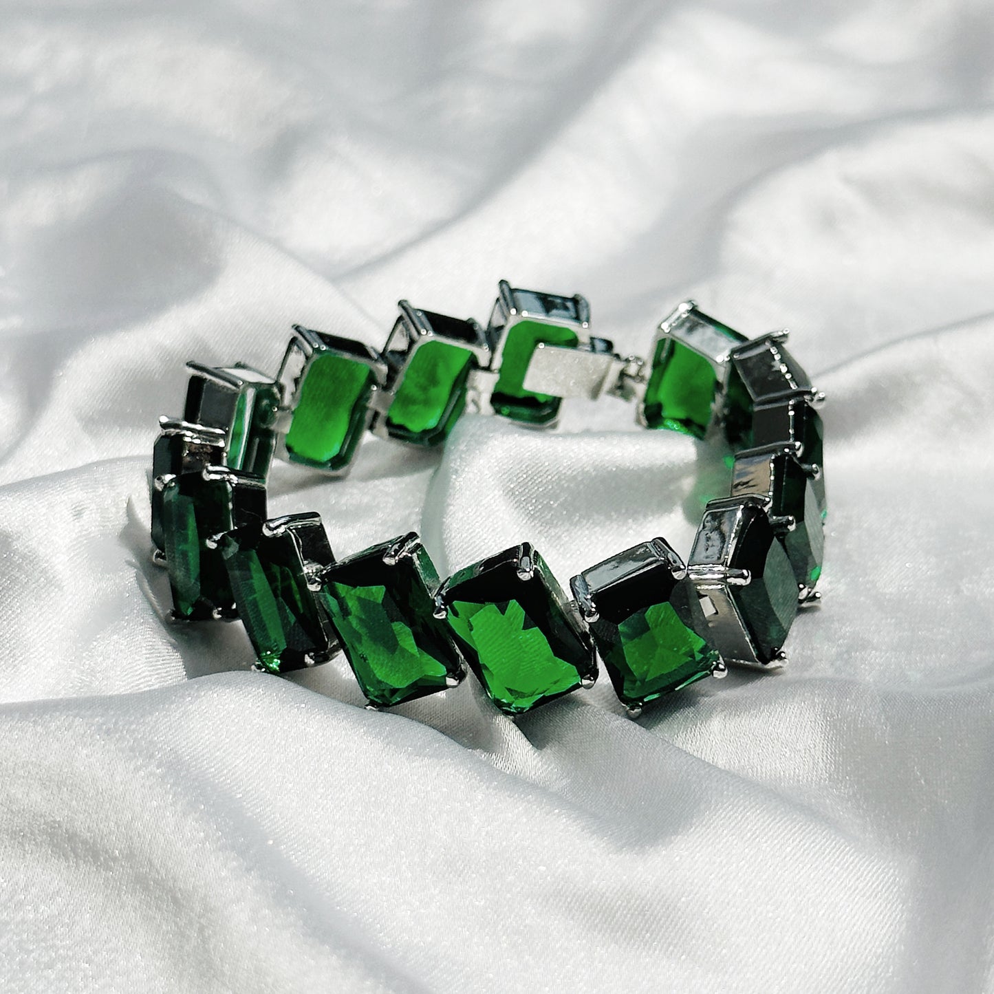 Green Emerald Cubic Zircon Silver Plated Chain Bracelet