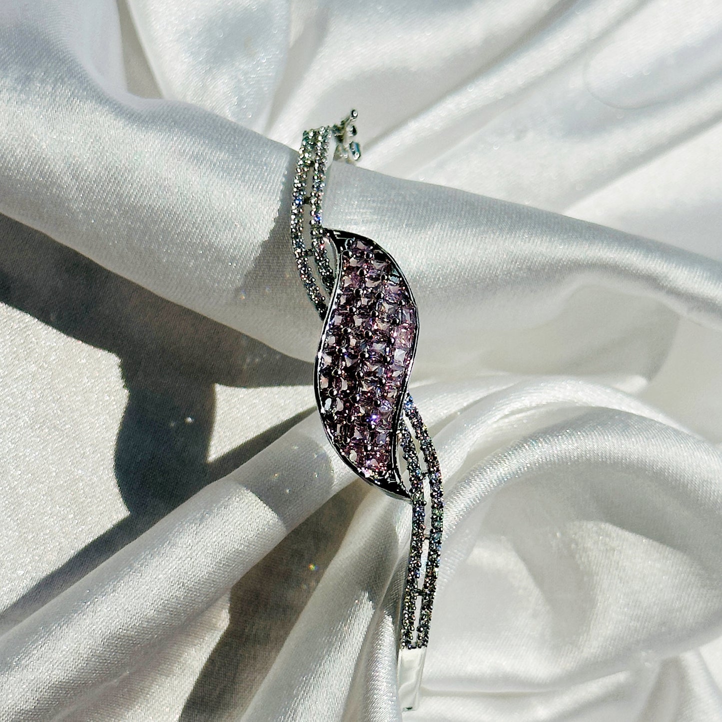 Pink Cubic Zircon American Diamond Silver Plated Bangle Bracelet