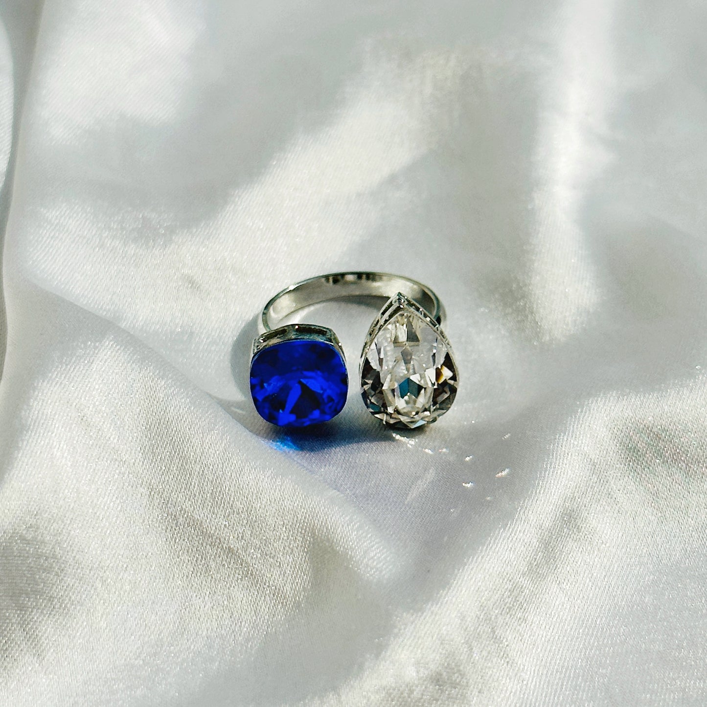 Blue Sapphire/Aquamarine Swarovski Crystals Silver Plated Adjustable Ring