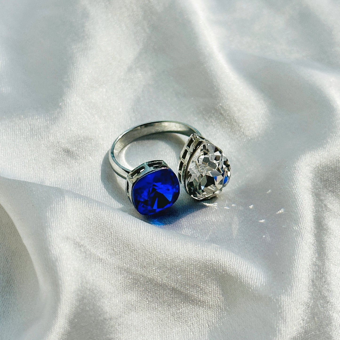 Blue Sapphire/Aquamarine Swarovski Crystals Silver Plated Adjustable Ring