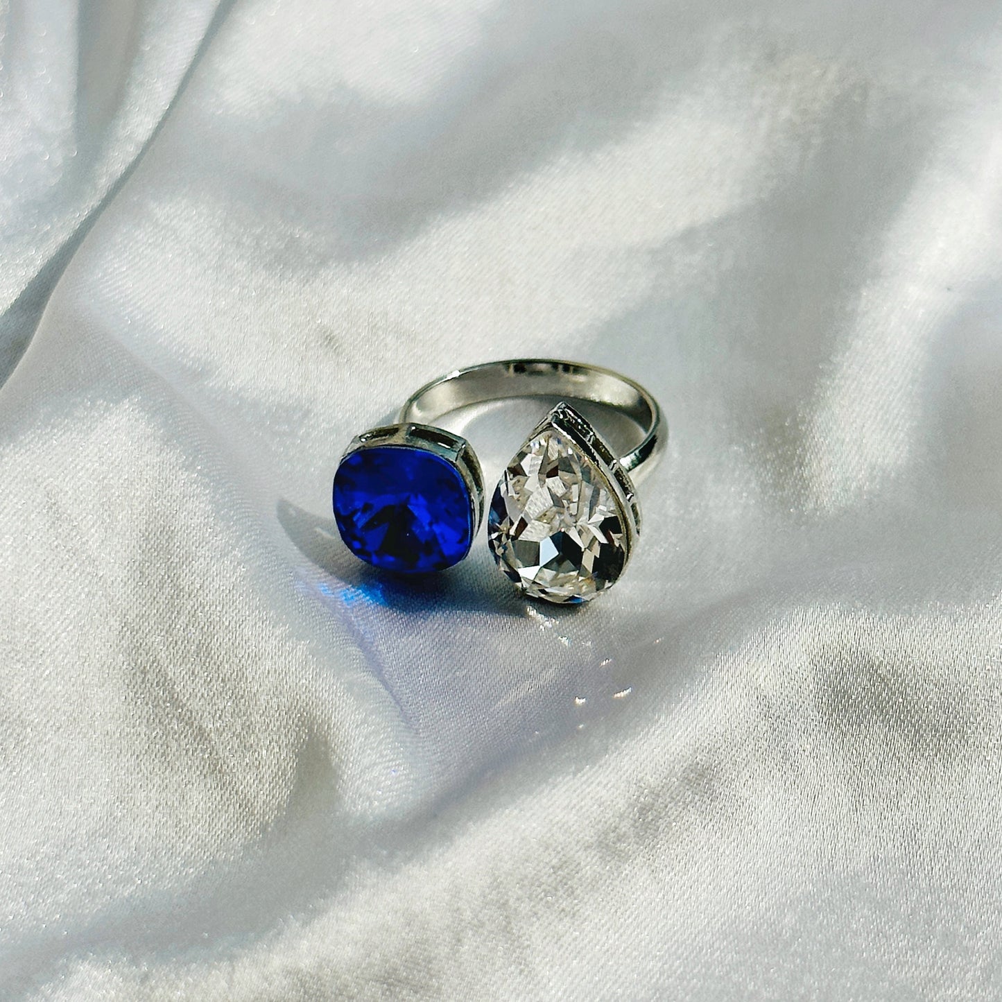 Blue Sapphire/Aquamarine Swarovski Crystals Silver Plated Adjustable Ring