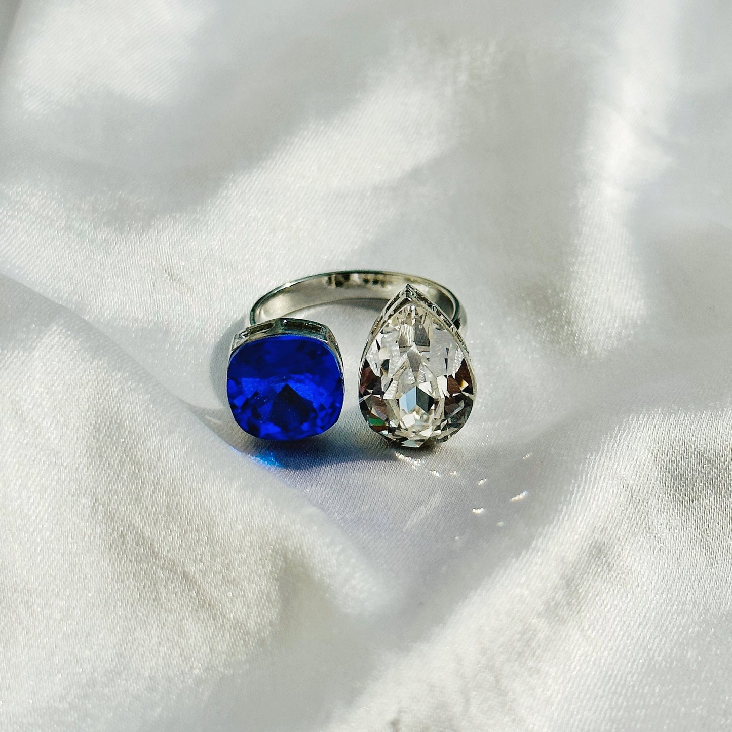 Blue Sapphire/Aquamarine Swarovski Crystals Silver Plated Adjustable Ring