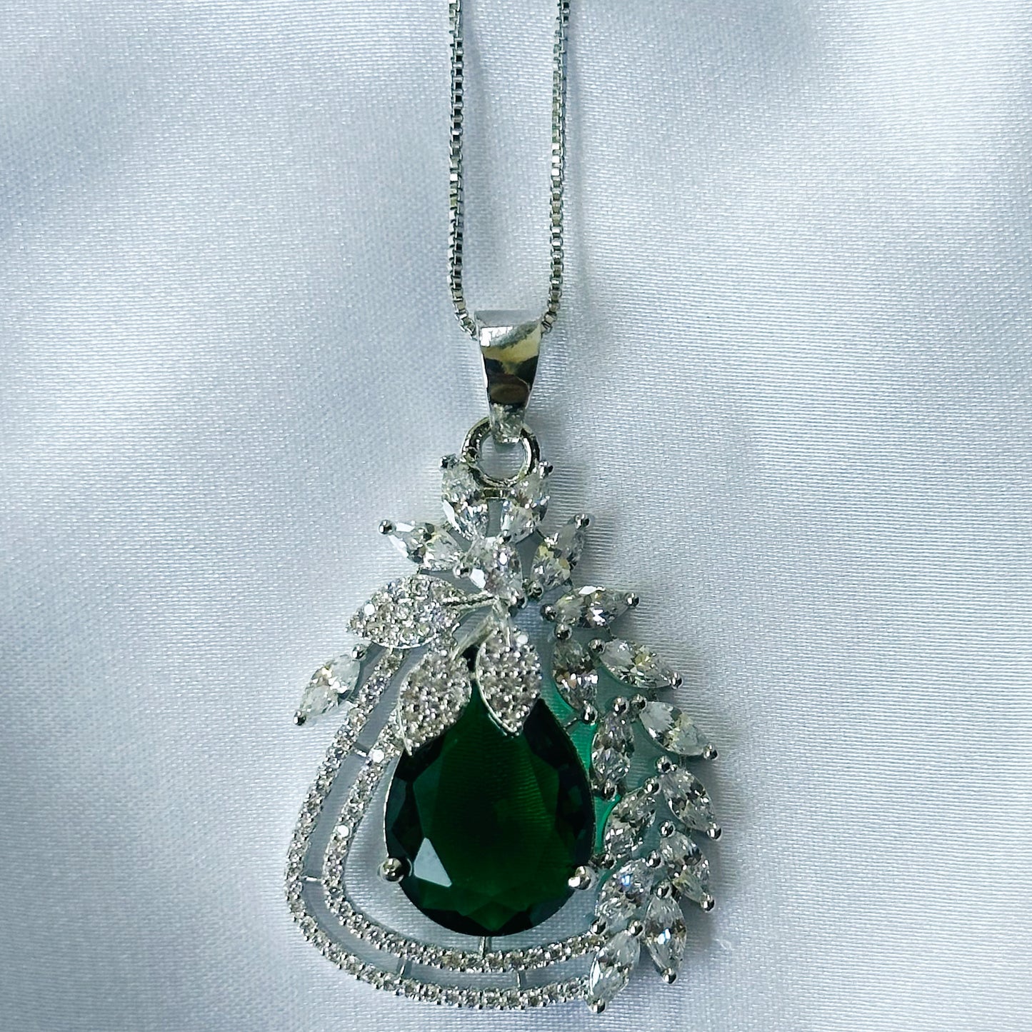 Green Emerald Cubic Zirconia American Diamond Silver Plated Pendant Set