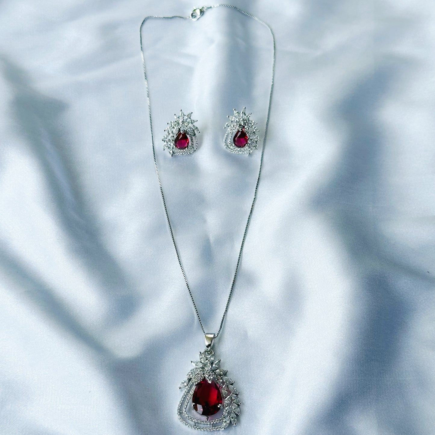Red Ruby Cubic Zircon American Diamond Silver Plated Pendant Set