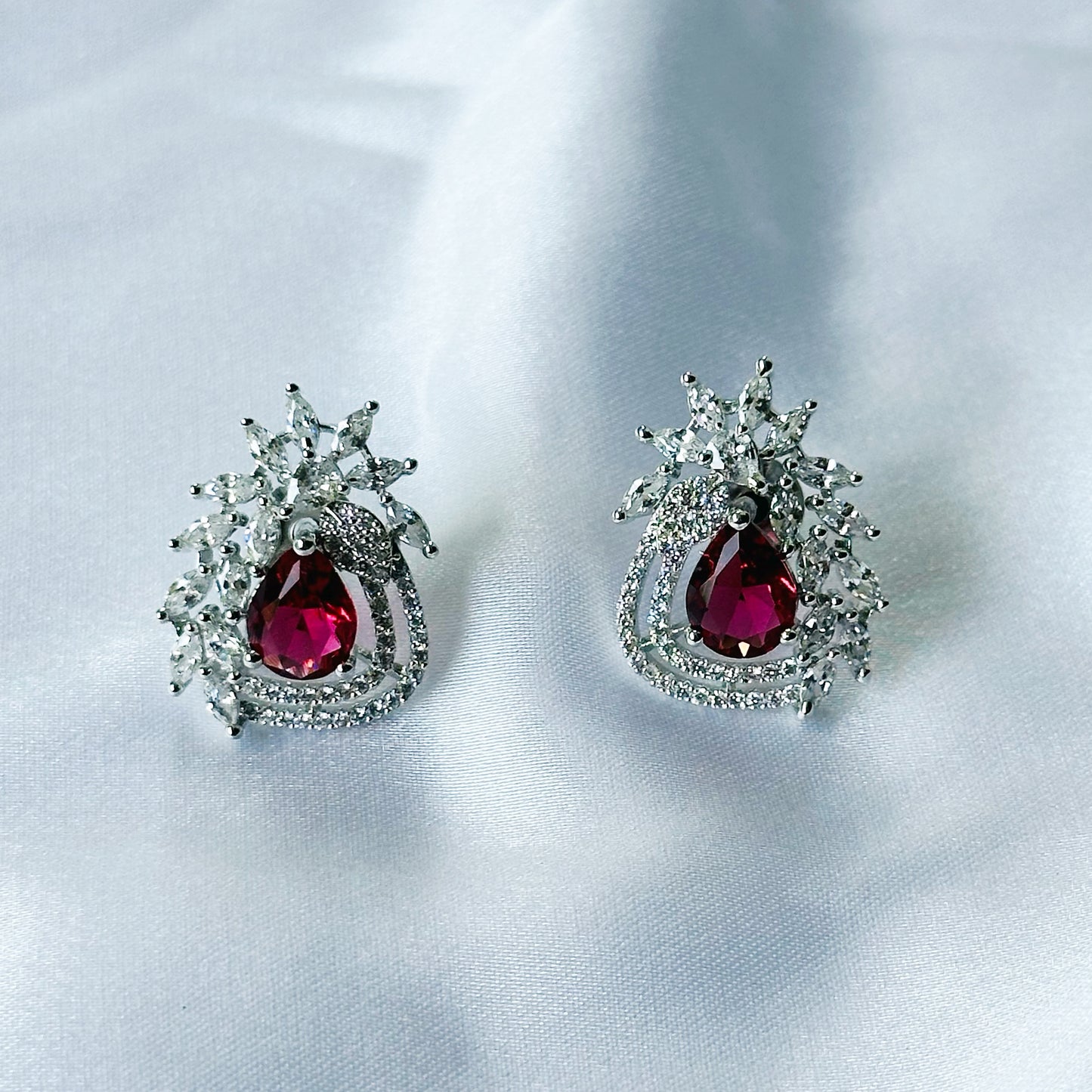 Red Ruby Cubic Zircon American Diamond Silver Plated Pendant Set