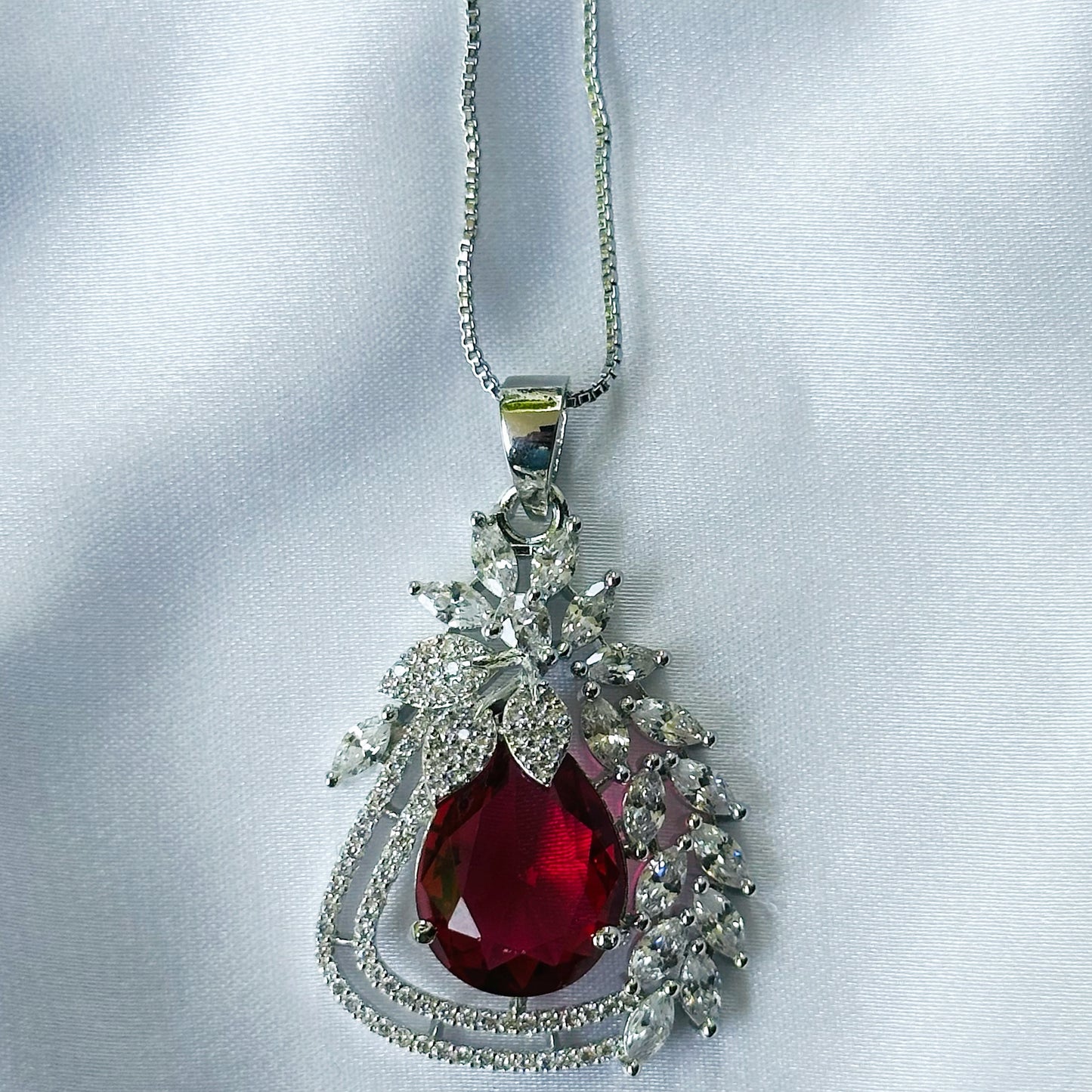 Red Ruby Cubic Zircon American Diamond Silver Plated Pendant Set