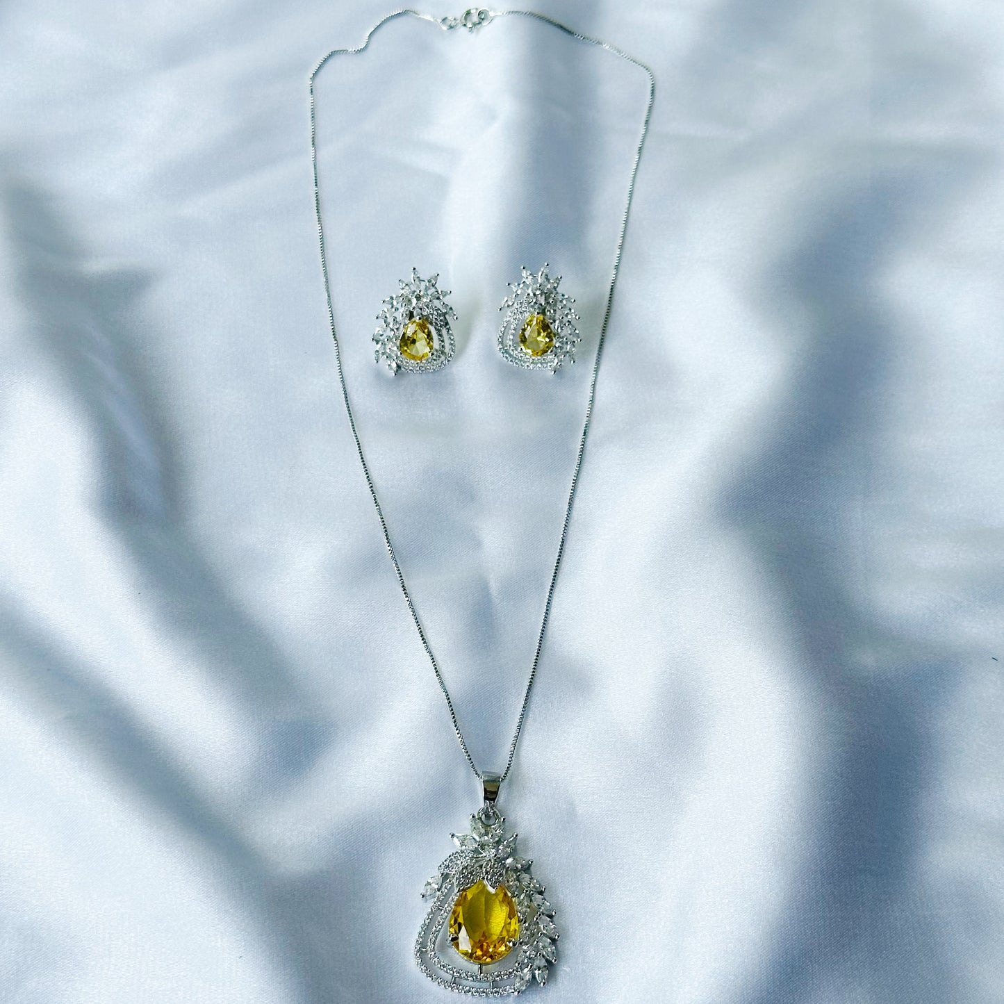Yellow Topaz Cubic Zircon American Diamond Silver Plated Pendant Set