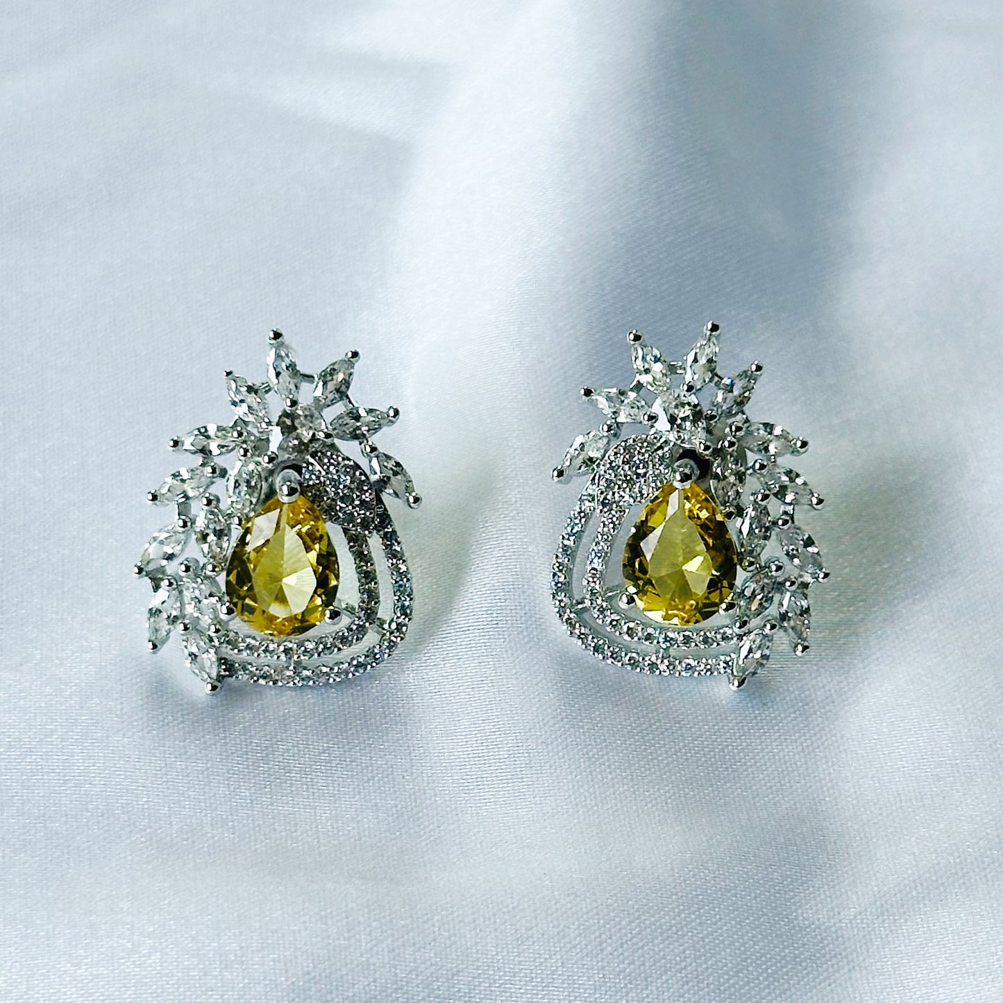 Yellow Topaz Cubic Zircon American Diamond Silver Plated Pendant Set