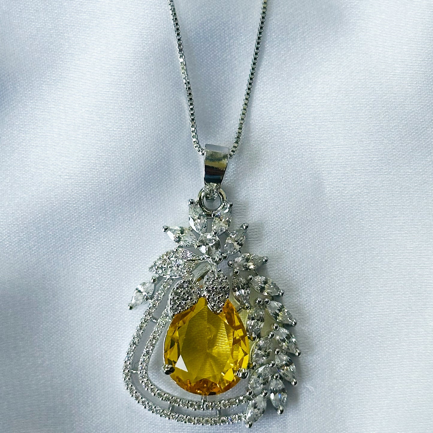 Yellow Topaz Cubic Zircon American Diamond Silver Plated Pendant Set