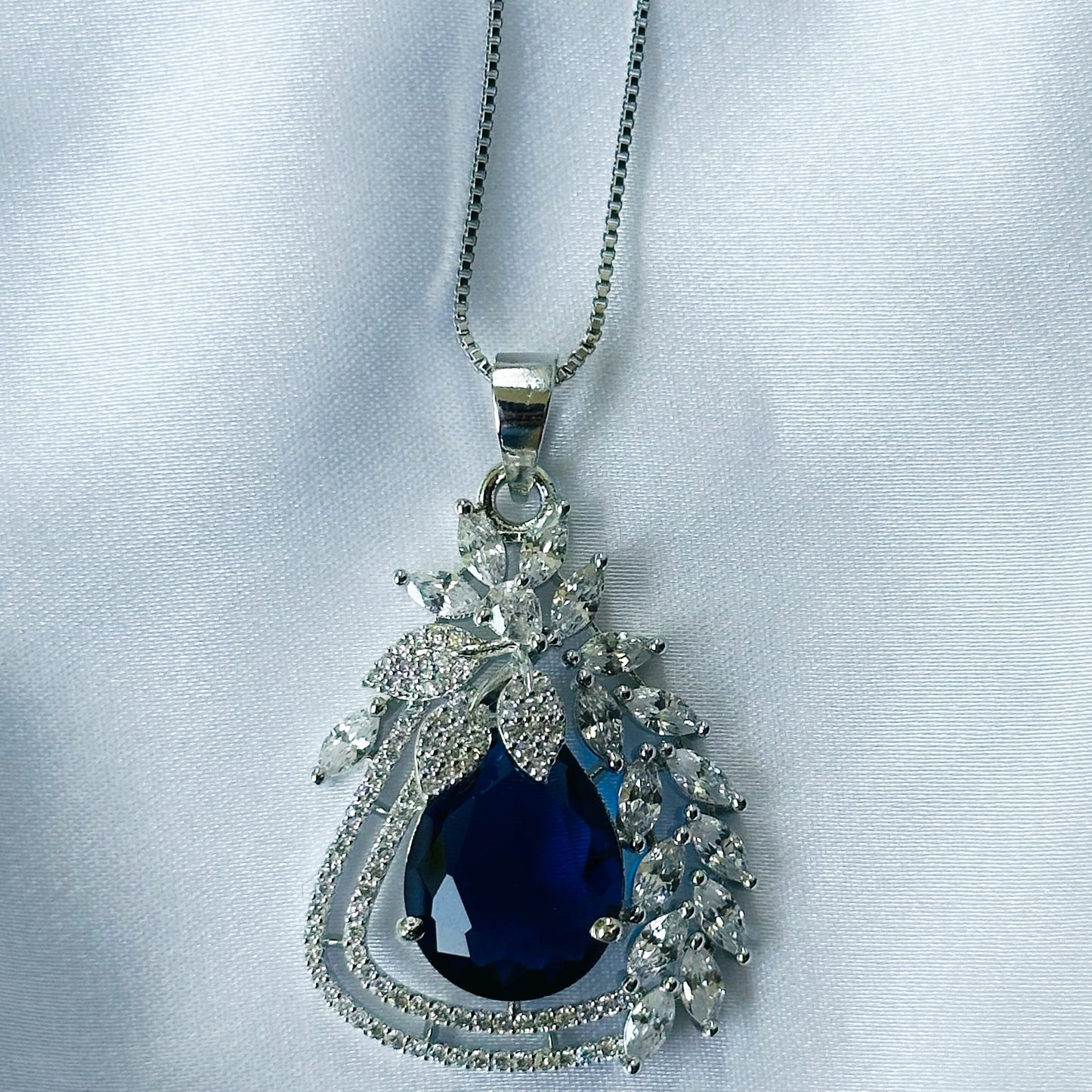 Blue Sapphire Cubic Zircon American Diamond Silver Plated Pendant Set