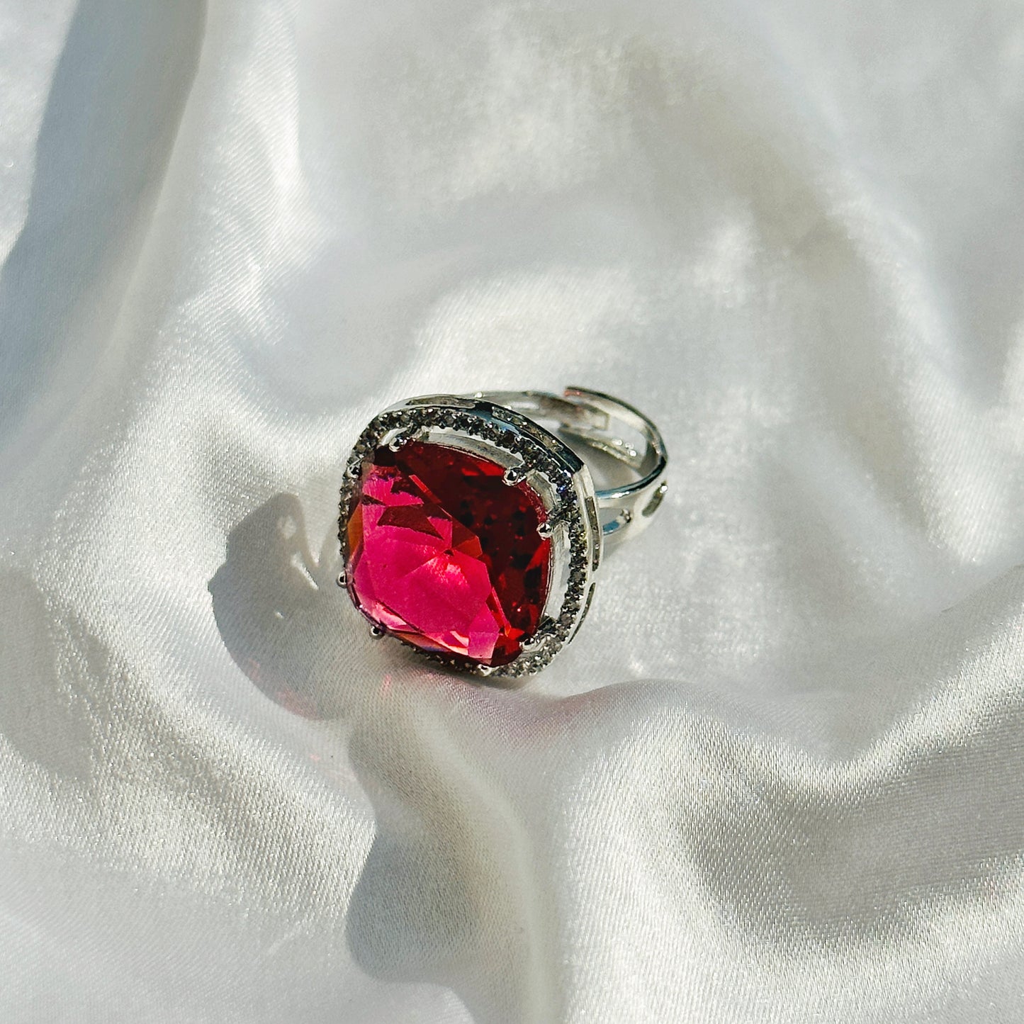 Red Ruby Cubic Zircon American Diamond Silver Plated Adjustable Ring