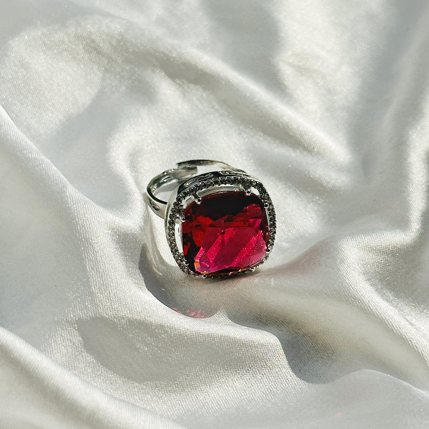 Red Ruby Cubic Zircon American Diamond Silver Plated Adjustable Ring