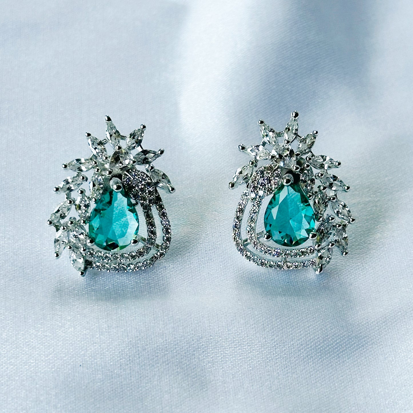 Sea Green Topaz Cubic Zircon American Diamond Silver Plated Pendant Set