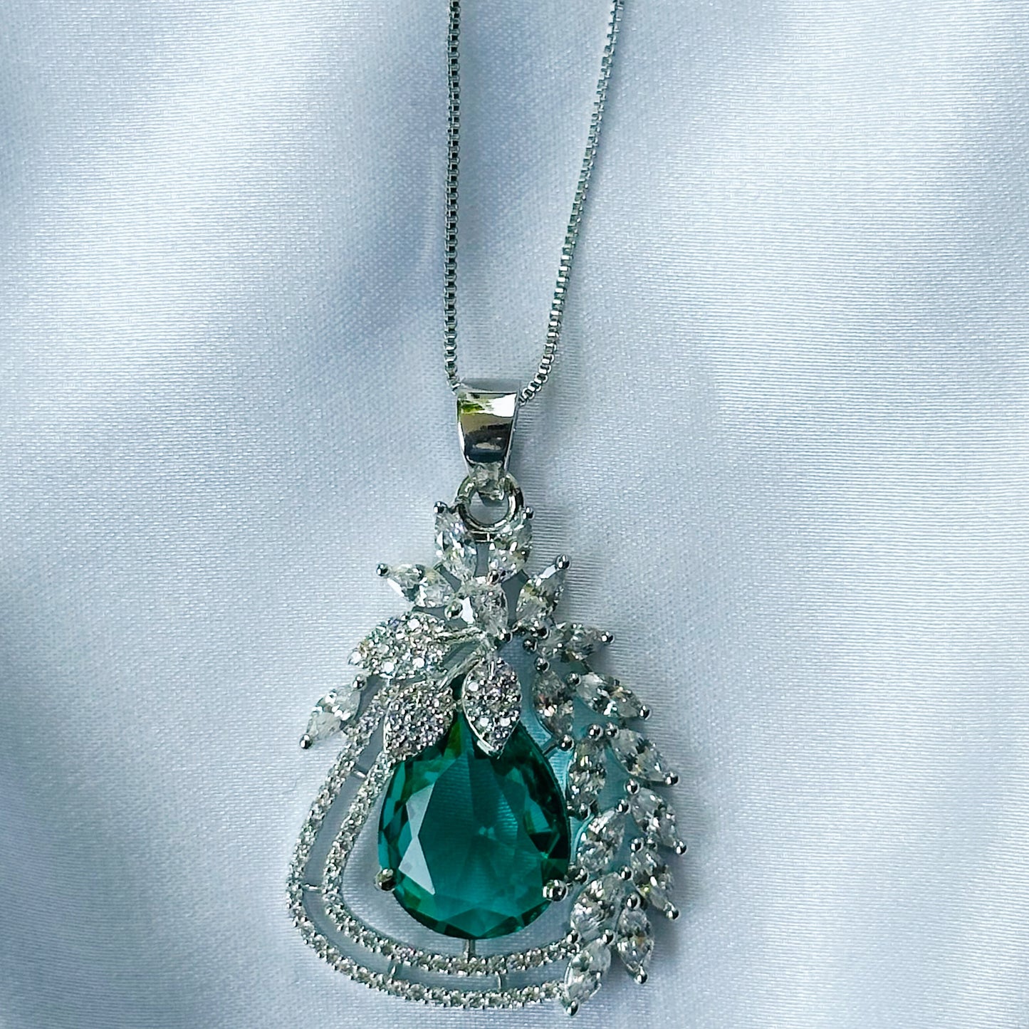 Sea Green Topaz Cubic Zircon American Diamond Silver Plated Pendant Set