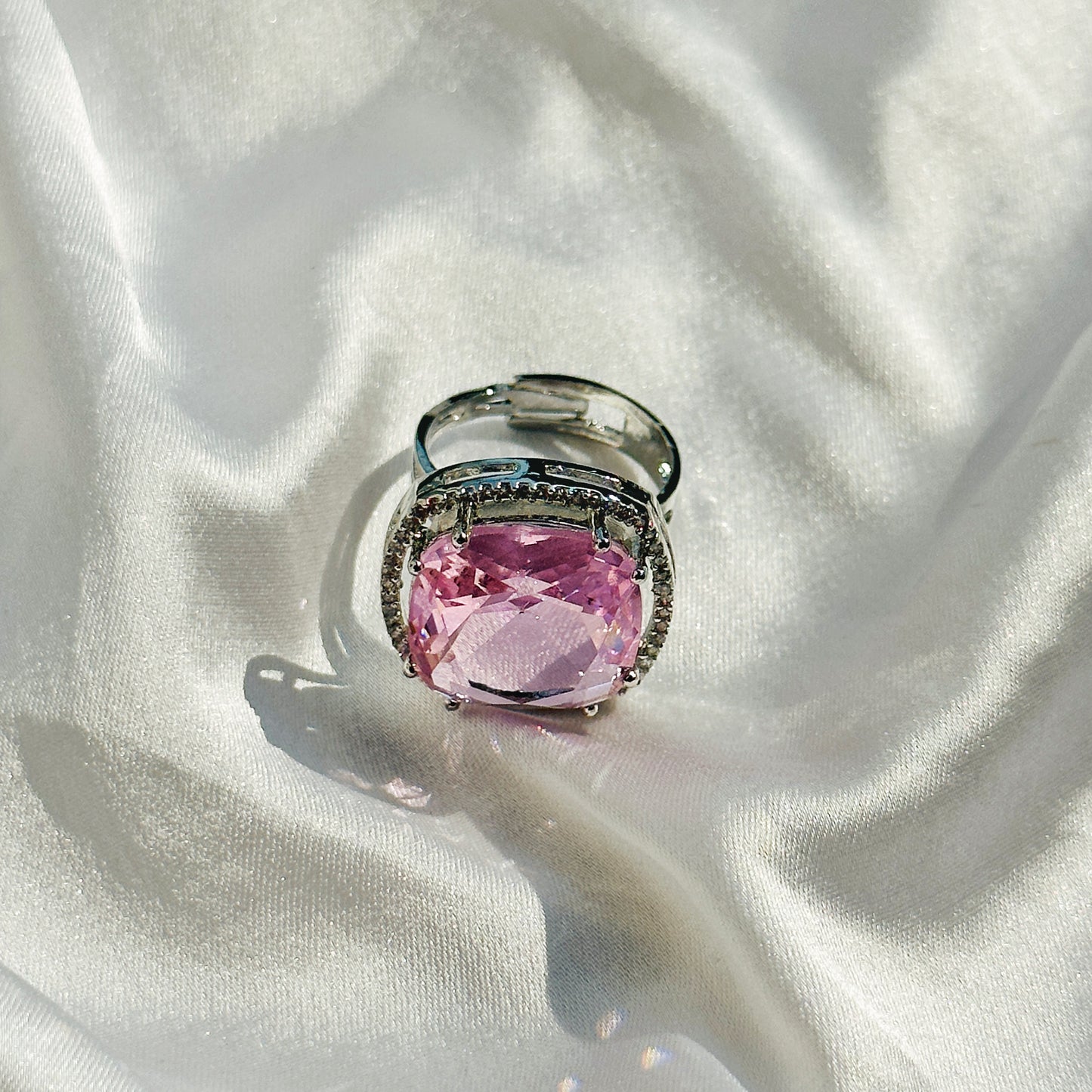 Pink Topaz Cubic Zircon American Diamond Silver Plated Adjustable Ring