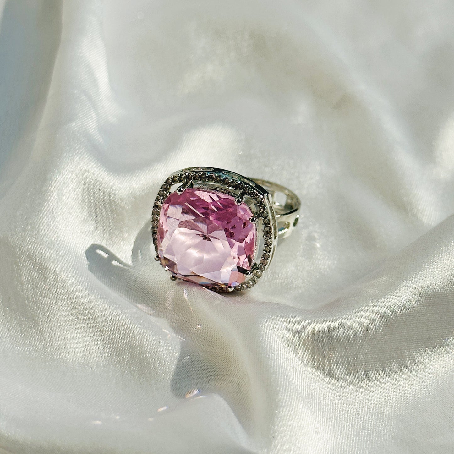 Pink Topaz Cubic Zircon American Diamond Silver Plated Adjustable Ring