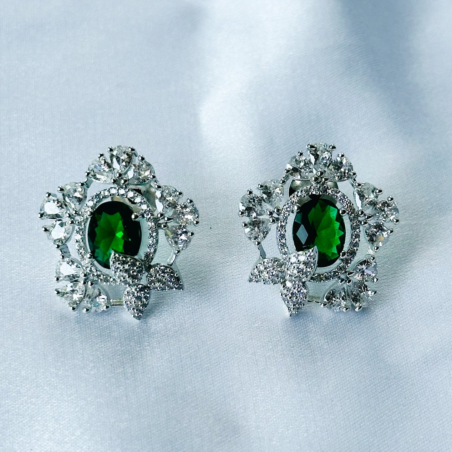 Green Emerald Cubic Zircon American Diamond Silver Plated Pendant Set