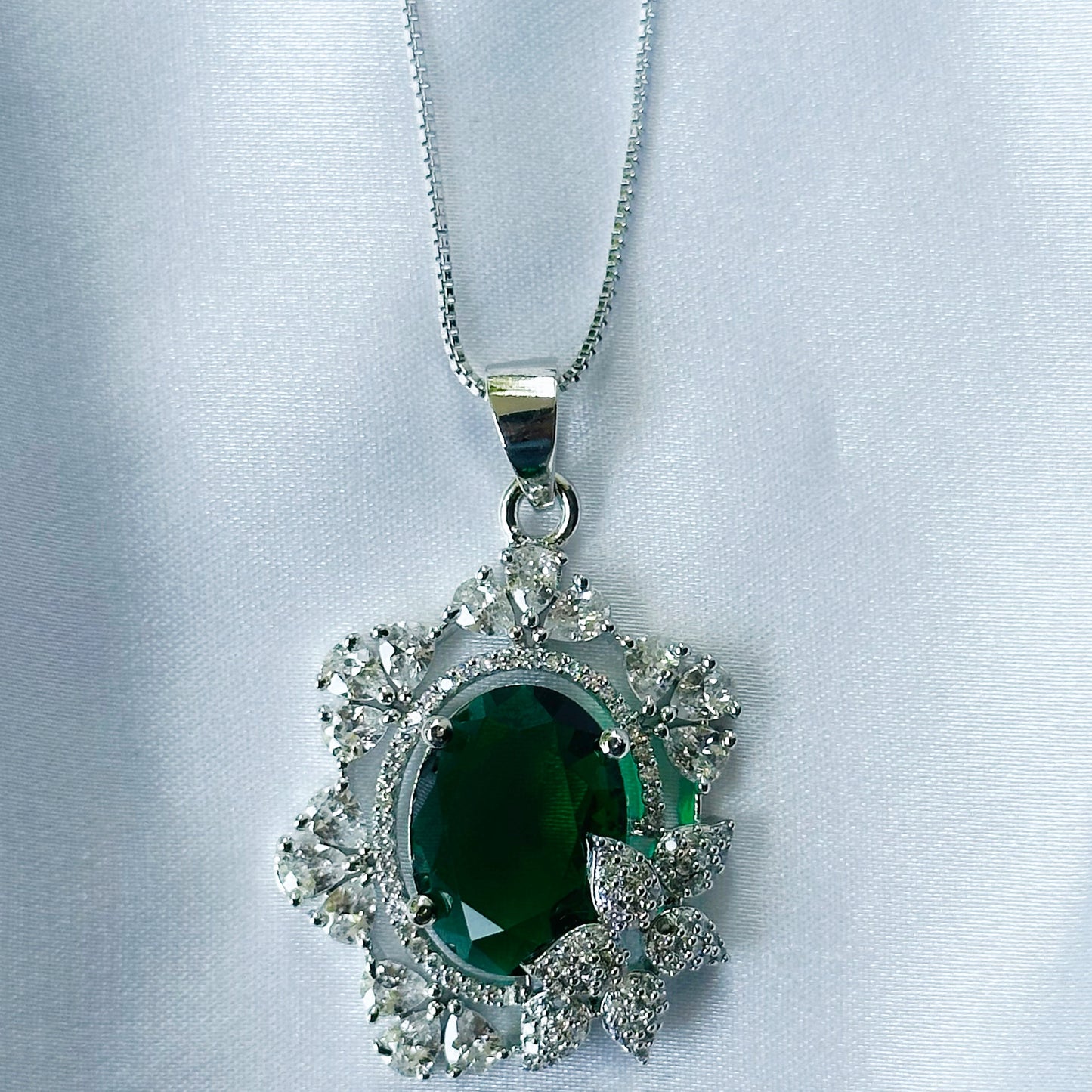 Green Emerald Cubic Zircon American Diamond Silver Plated Pendant Set