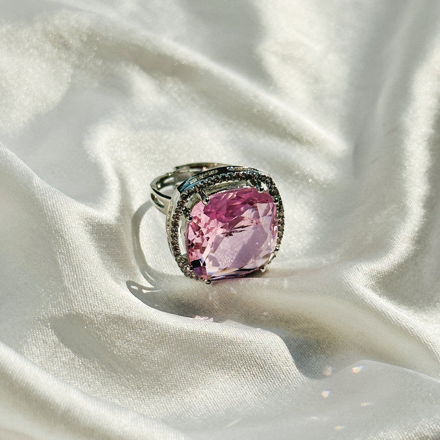 Pink Topaz Cubic Zircon American Diamond Silver Plated Adjustable Ring
