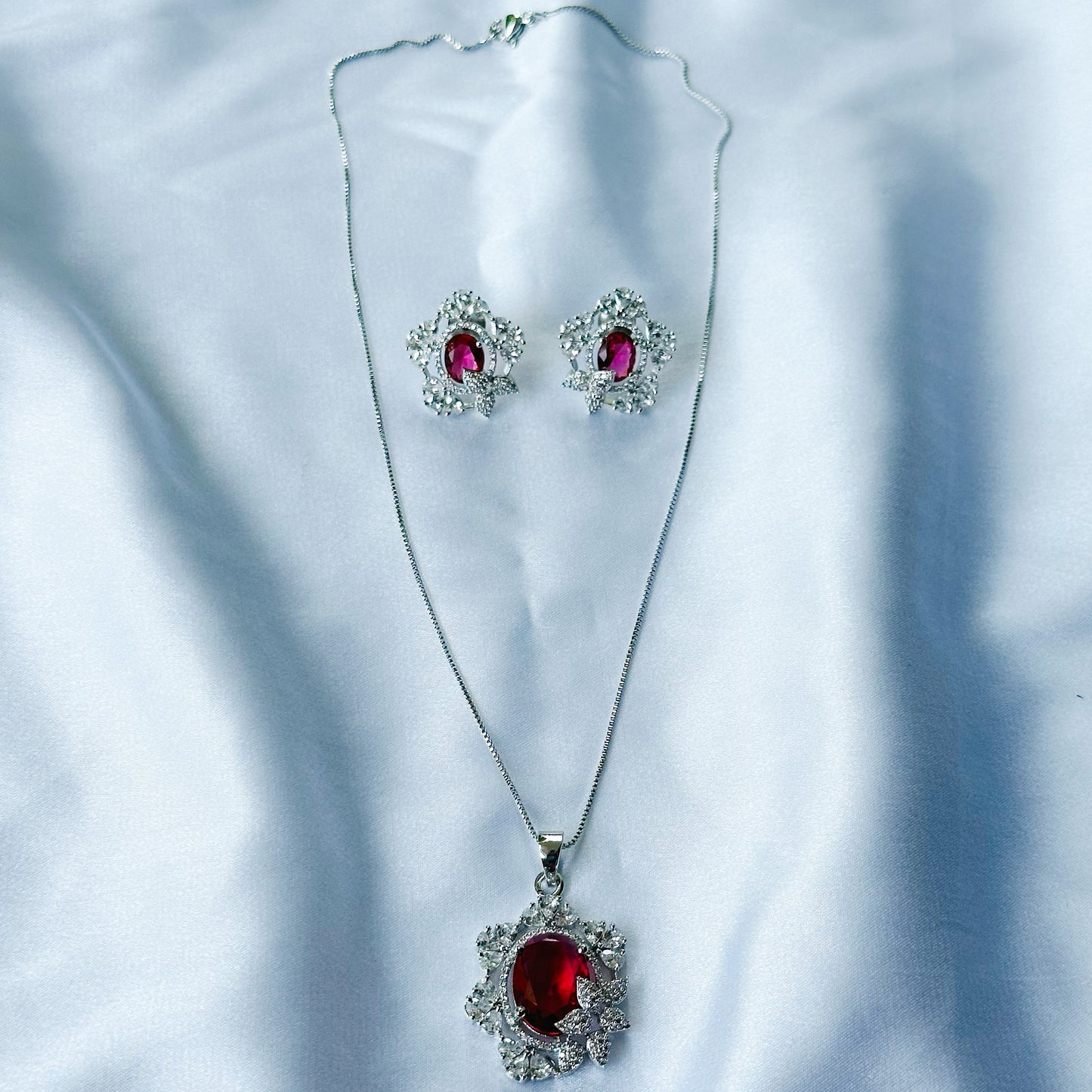 Red Ruby Cubic Zircon American Diamond Silver Plated Pendant Set
