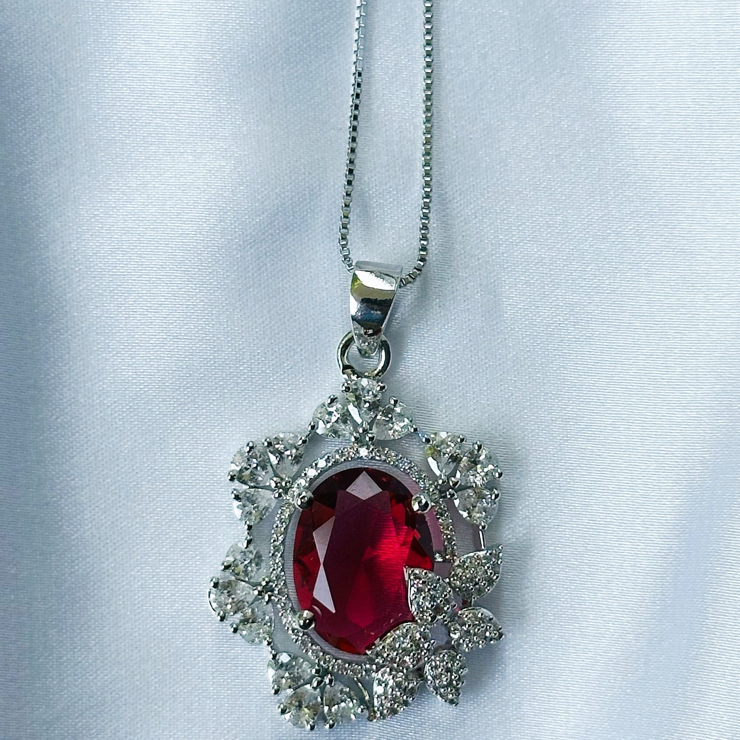 Red Ruby Cubic Zircon American Diamond Silver Plated Pendant Set