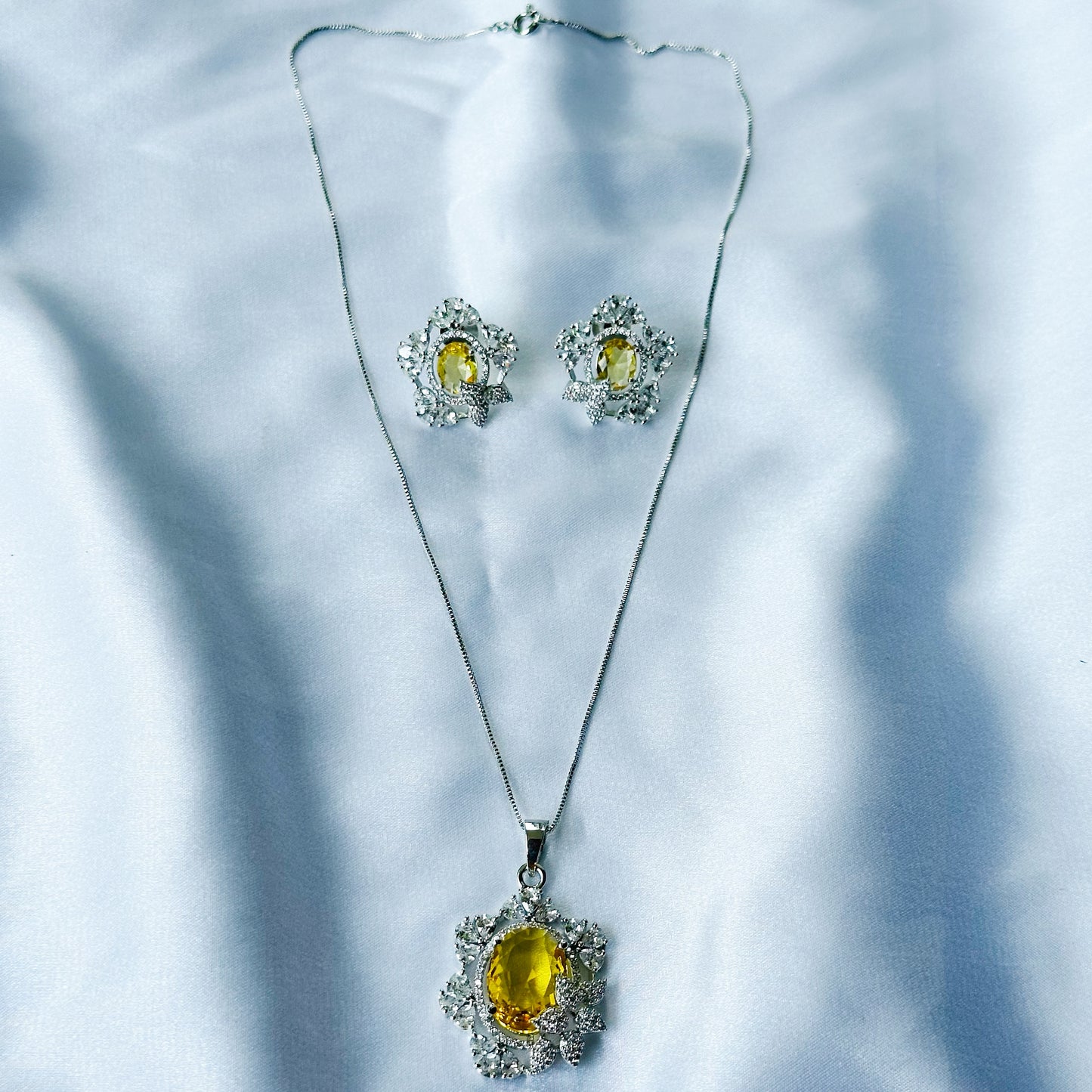 Yellow Topaz Cubic Zircon American Diamond Silver Plated Pendant Set