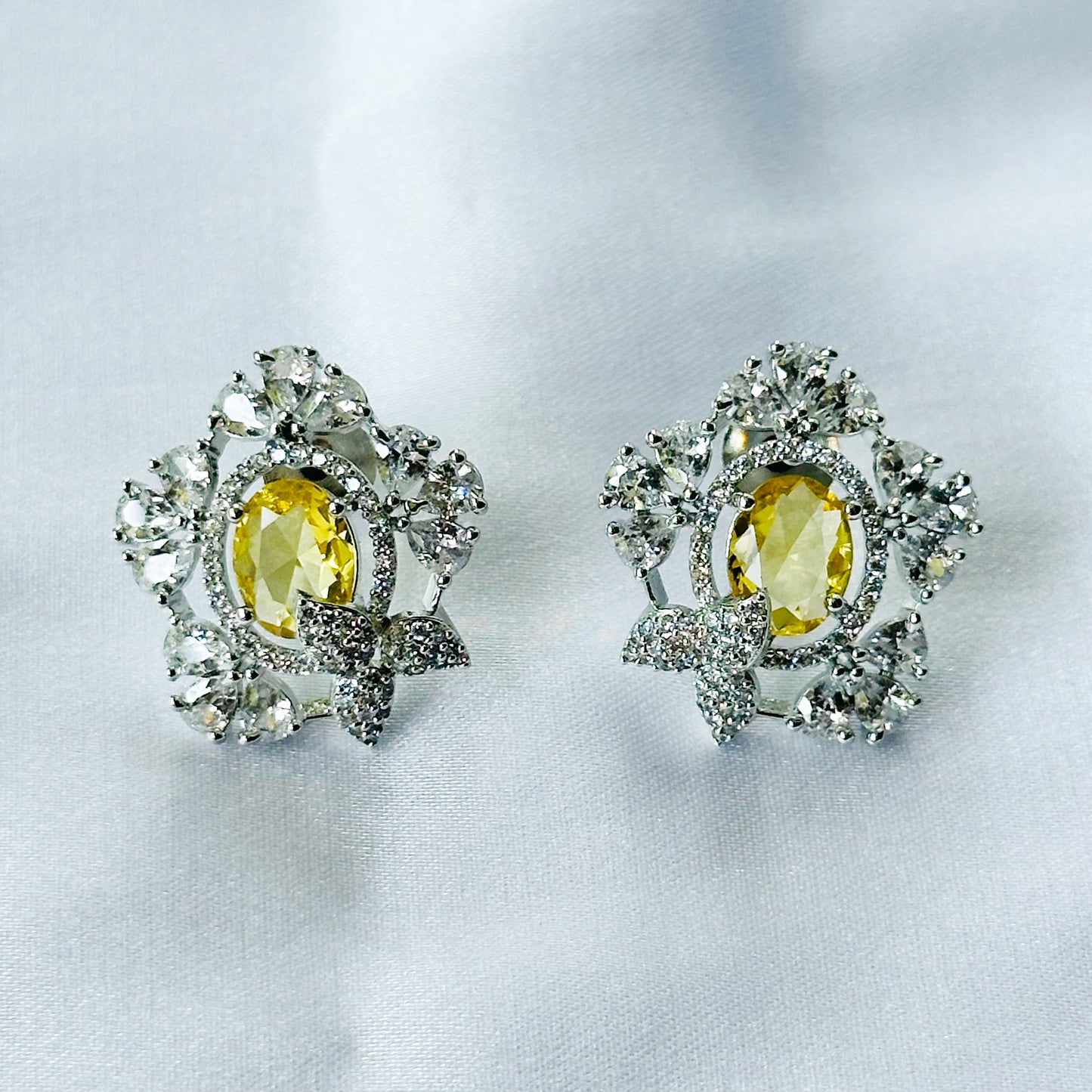 Yellow Topaz Cubic Zircon American Diamond Silver Plated Pendant Set