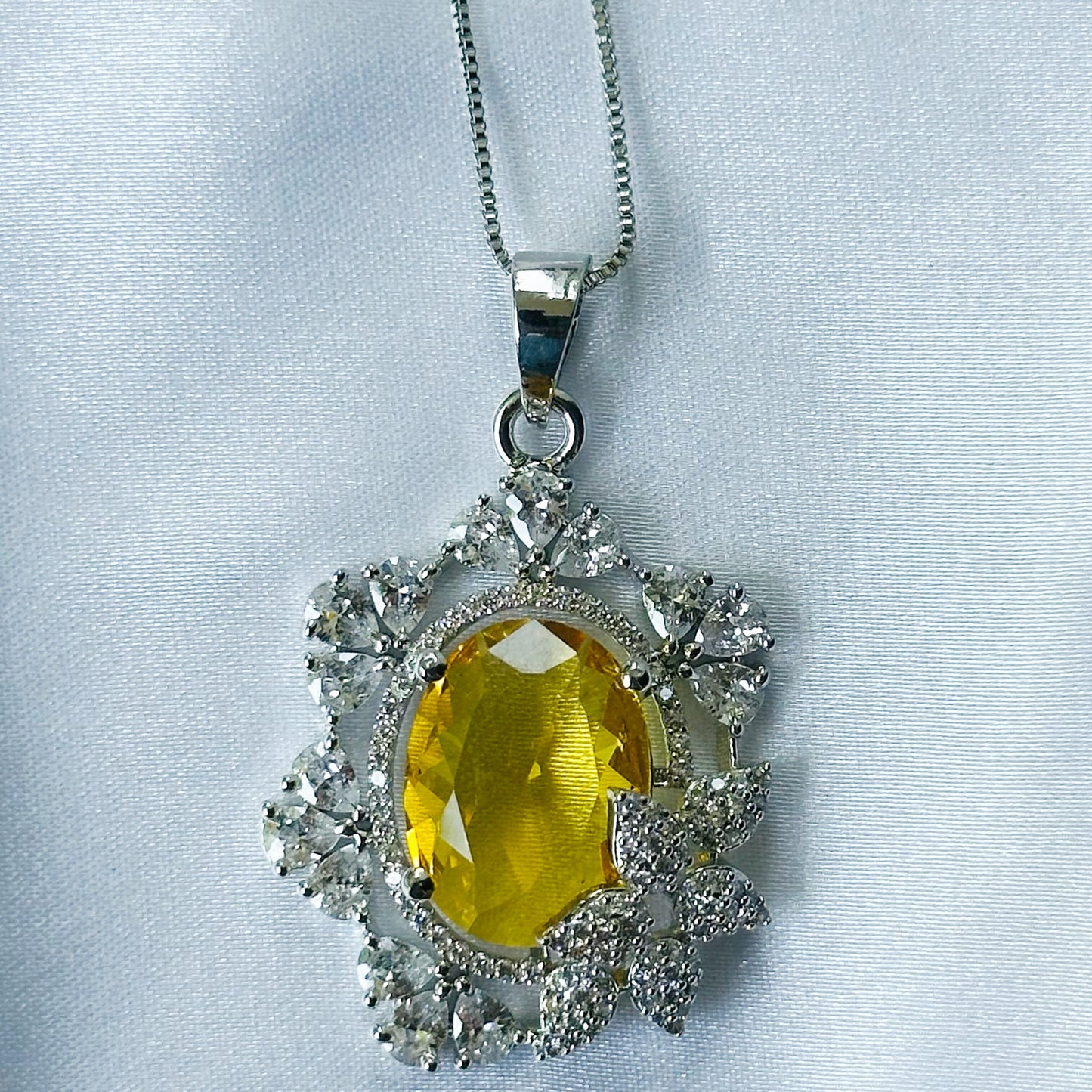 Yellow Topaz Cubic Zircon American Diamond Silver Plated Pendant Set
