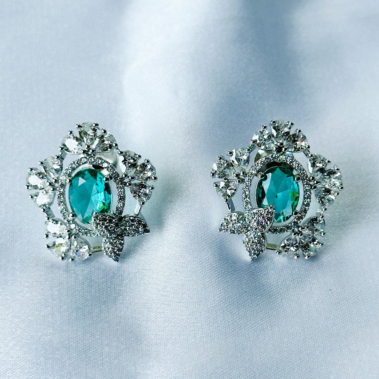 Sea Green Topaz Cubic Zircon American Diamond Silver Plated Pendant Set