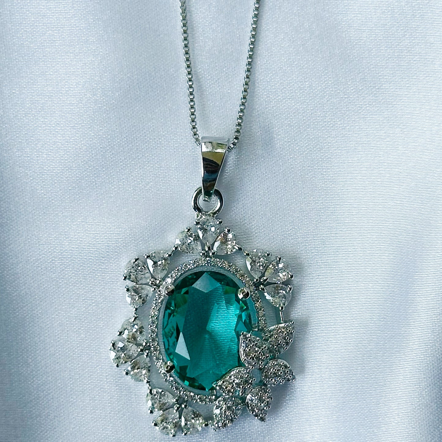 Sea Green Topaz Cubic Zircon American Diamond Silver Plated Pendant Set