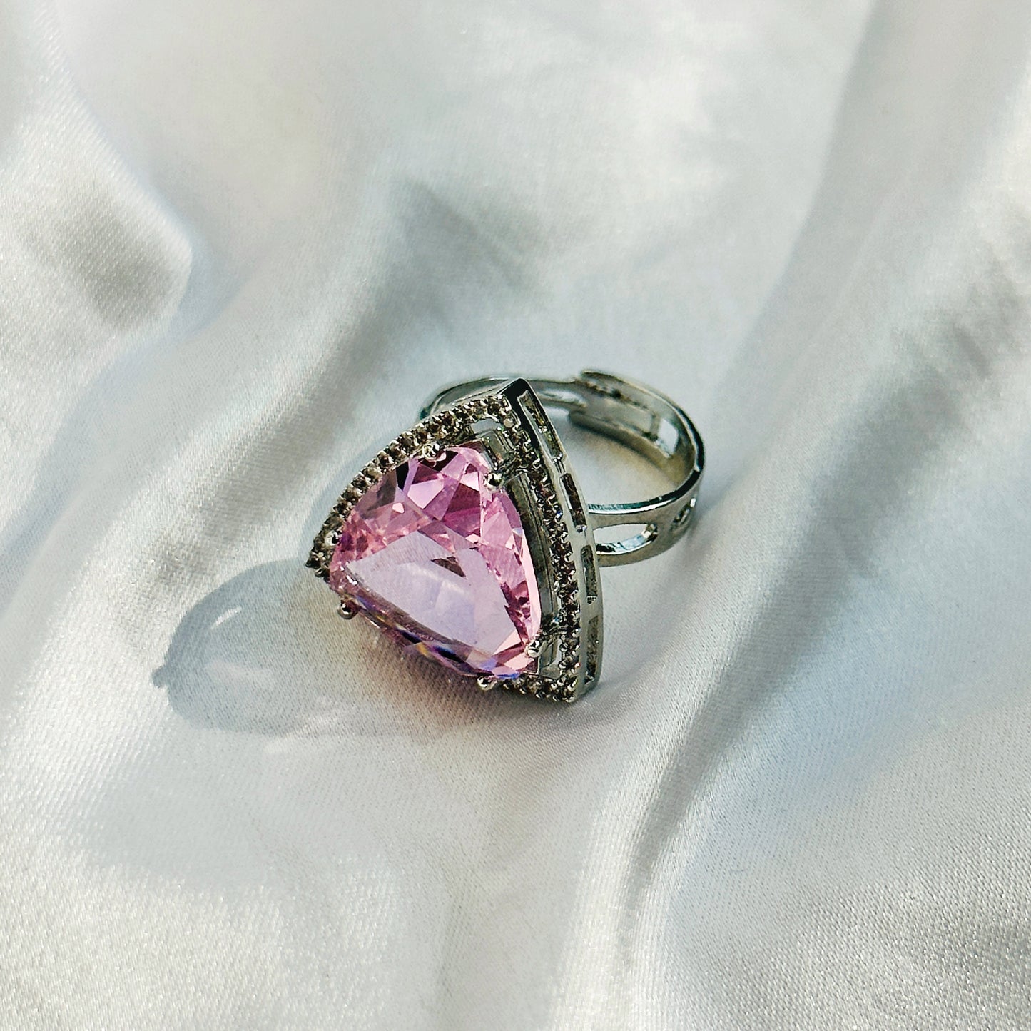 Pink Topaz Cubic Zircon American Diamond Silver Plated Adjustable Ring