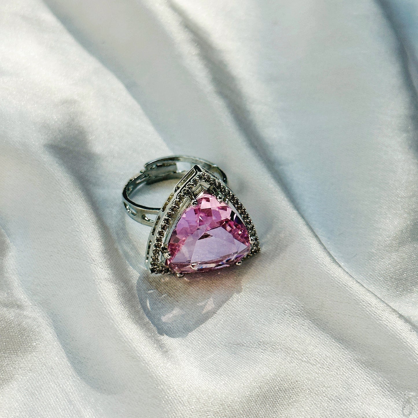 Pink Topaz Cubic Zircon American Diamond Silver Plated Adjustable Ring