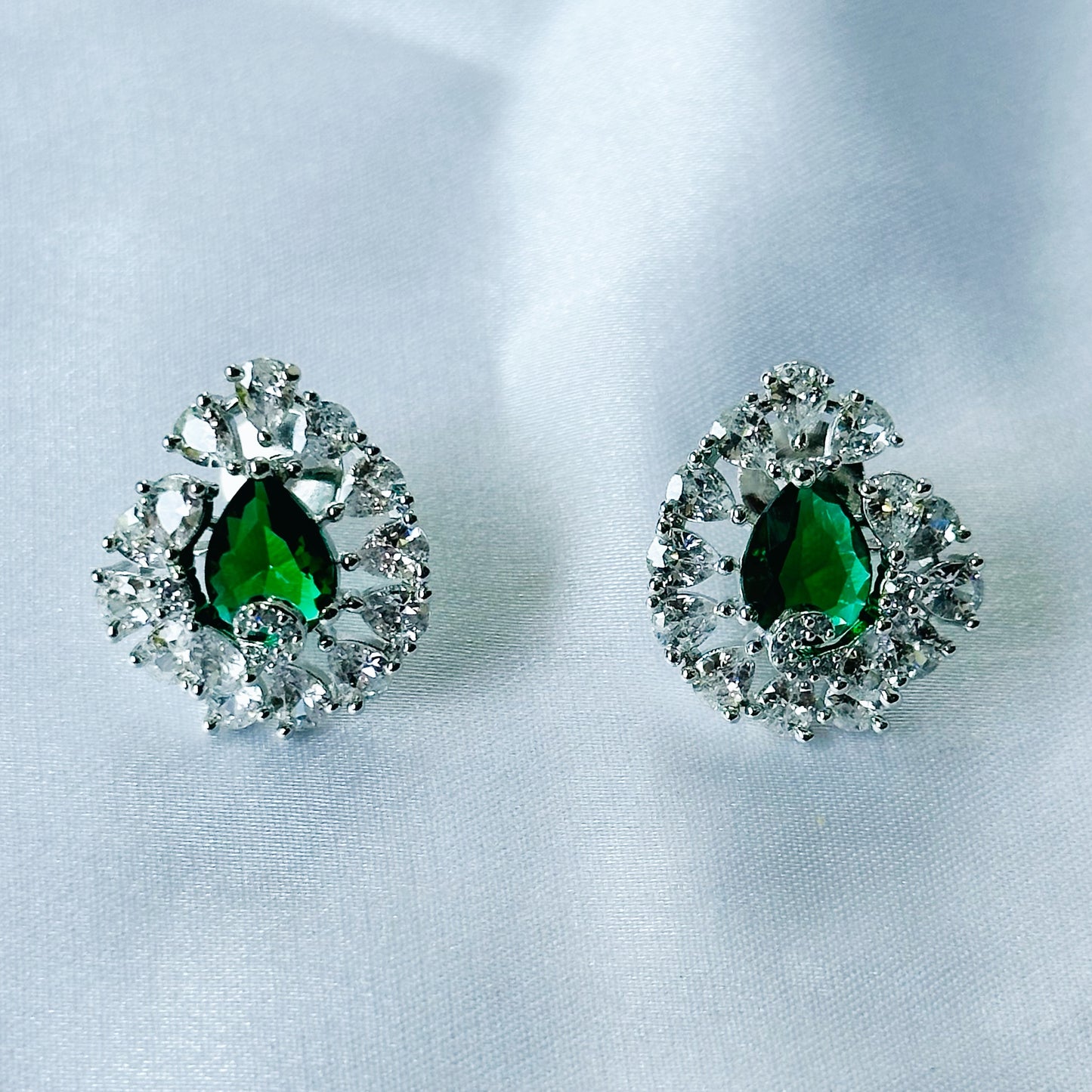 Green Emerald Cubic Zircon American Diamond Silver Plated Pendant Set