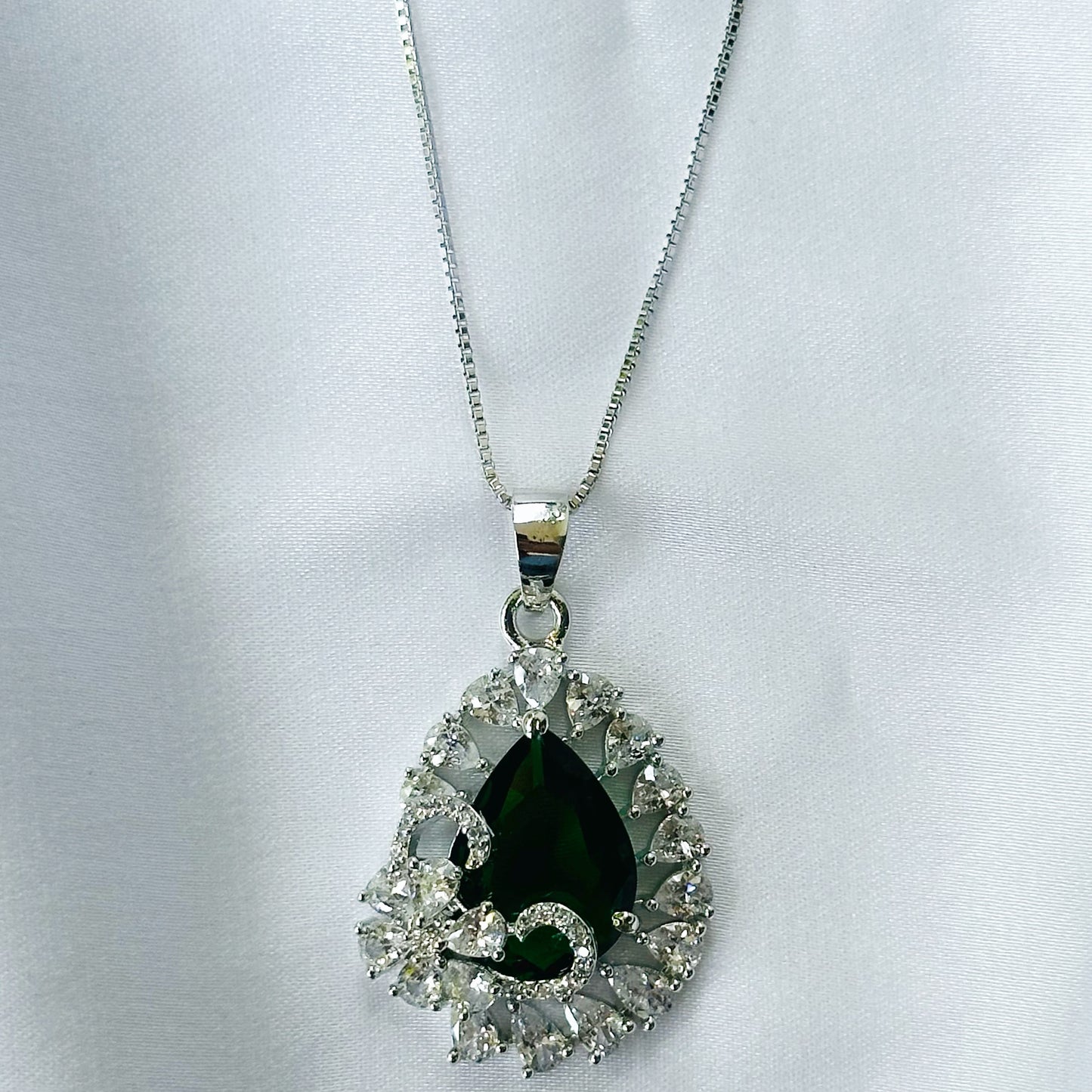 Green Emerald Cubic Zircon American Diamond Silver Plated Pendant Set