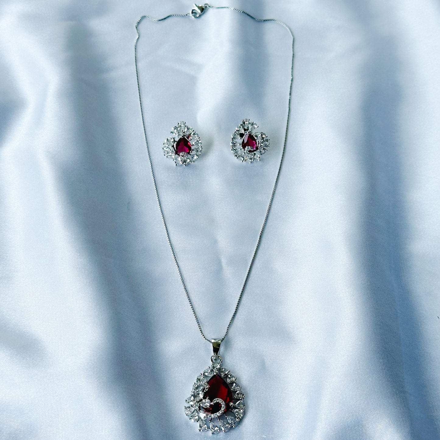 Red Ruby Cubic Zircon American Diamond Silver Plated Pendant Set