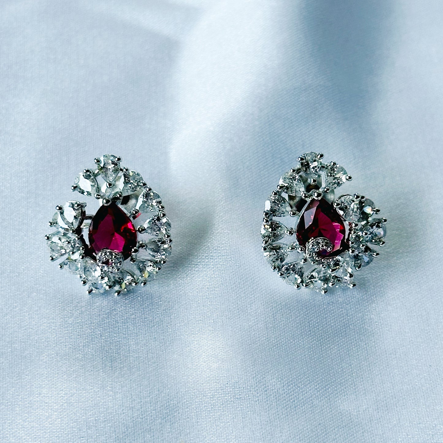 Red Ruby Cubic Zircon American Diamond Silver Plated Pendant Set