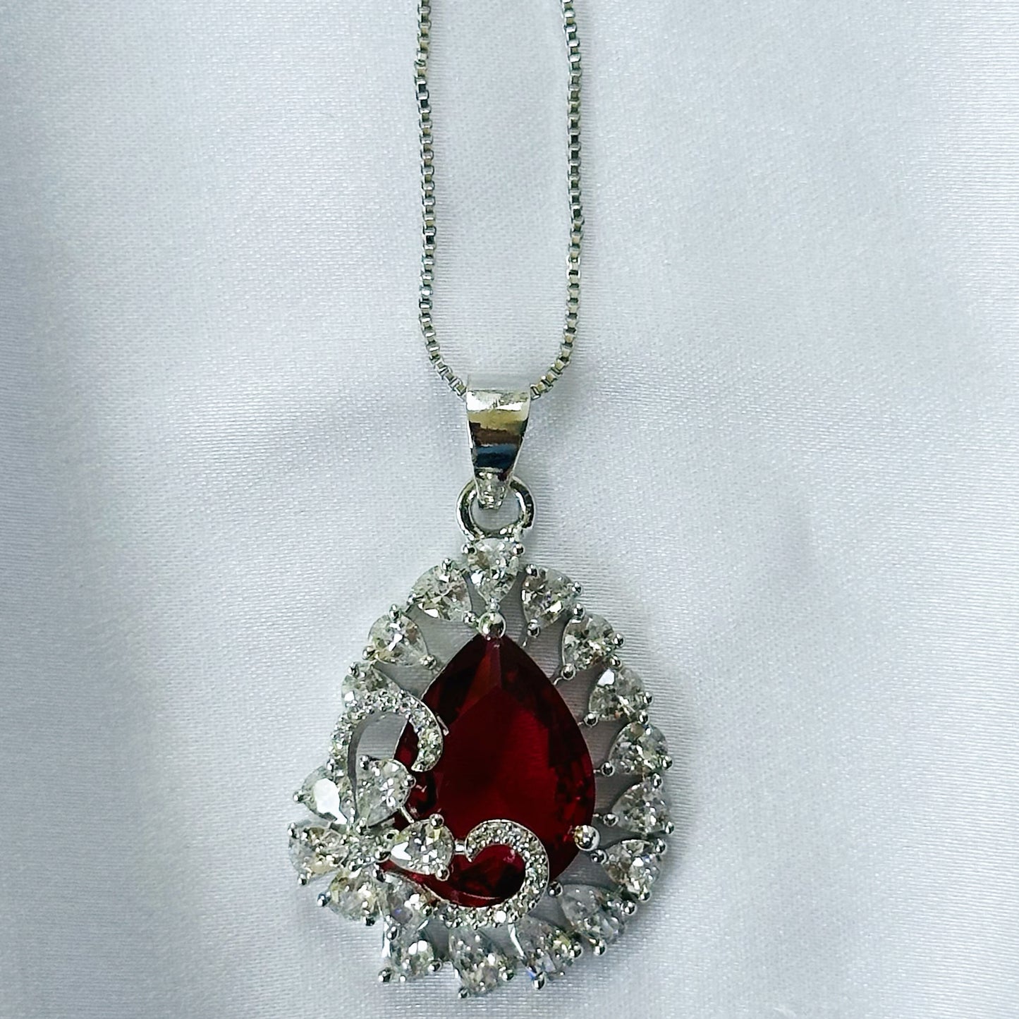 Red Ruby Cubic Zircon American Diamond Silver Plated Pendant Set